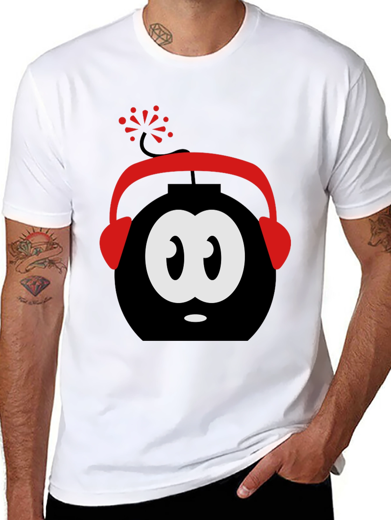 Funny Cartoon Bomb Headphones Black T-Shirt