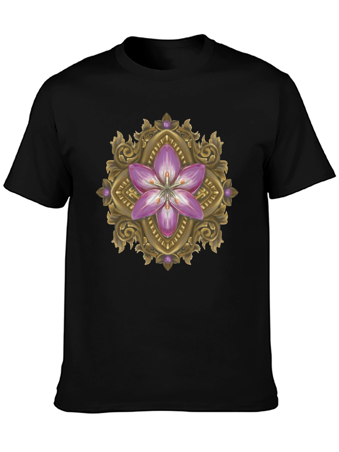 Floral Ornament Graphic Print Black T-Shirt