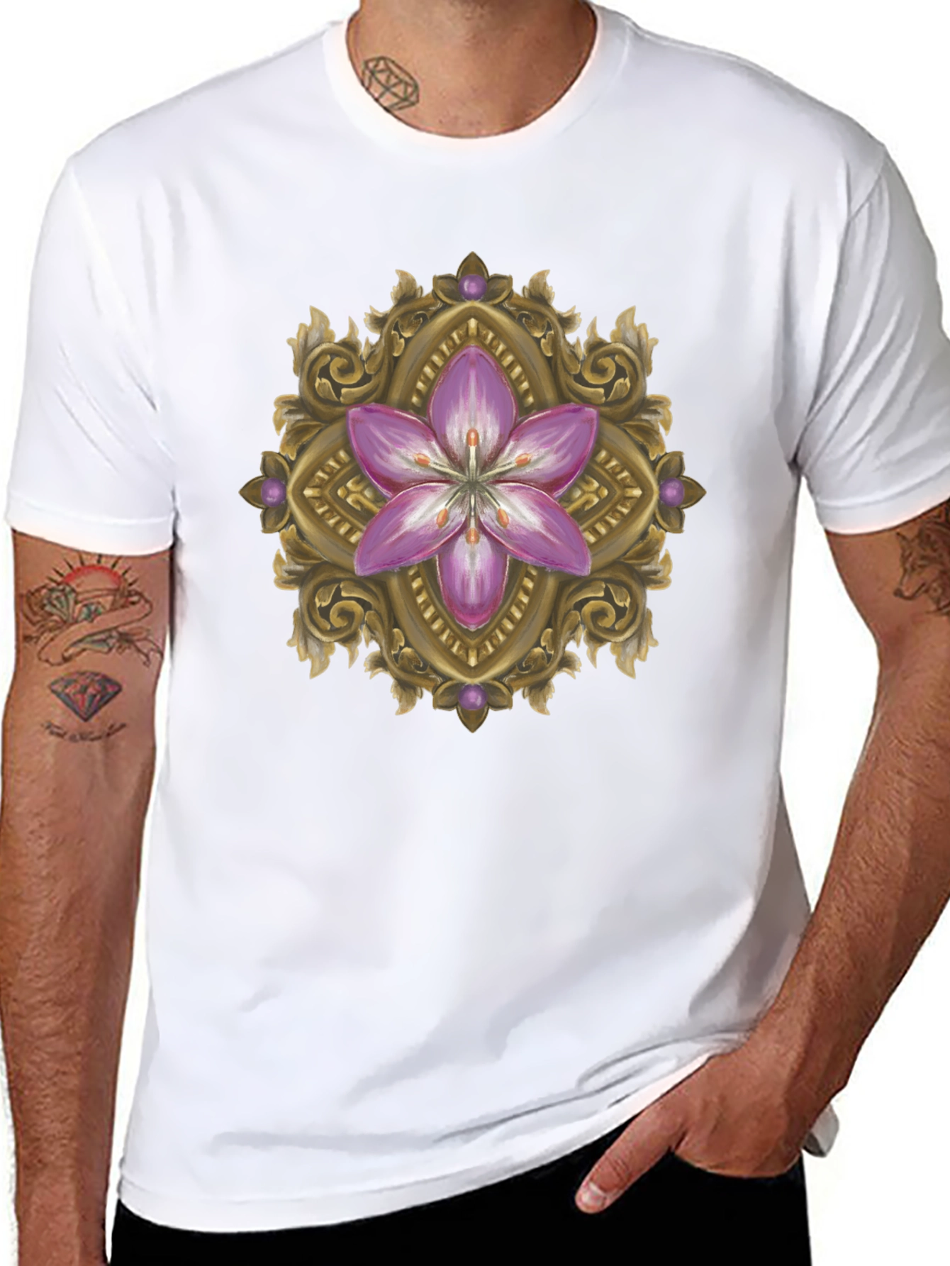 Floral Ornament Graphic Print Black T-Shirt