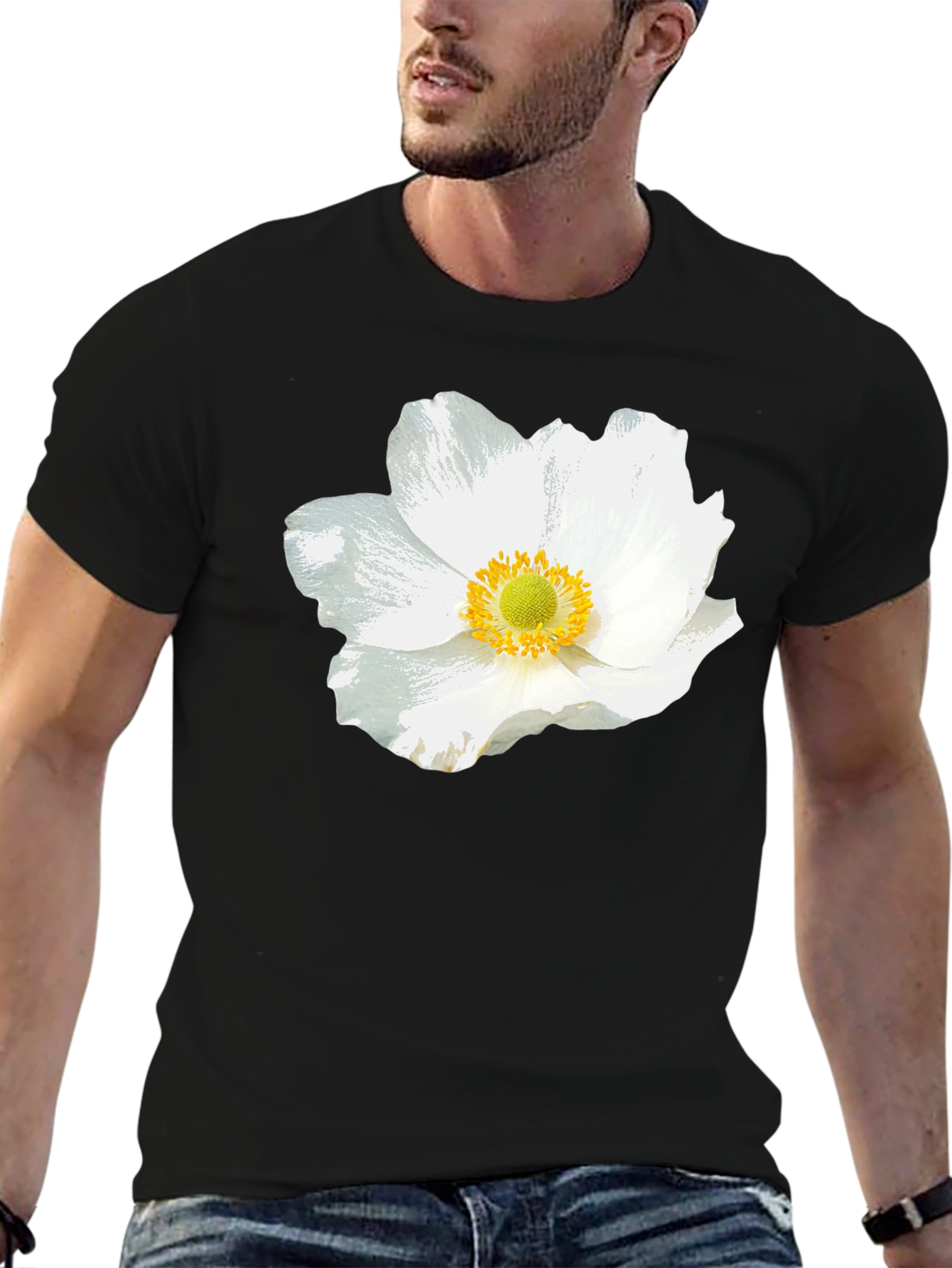 White Floral Graphic Black T-Shirt
