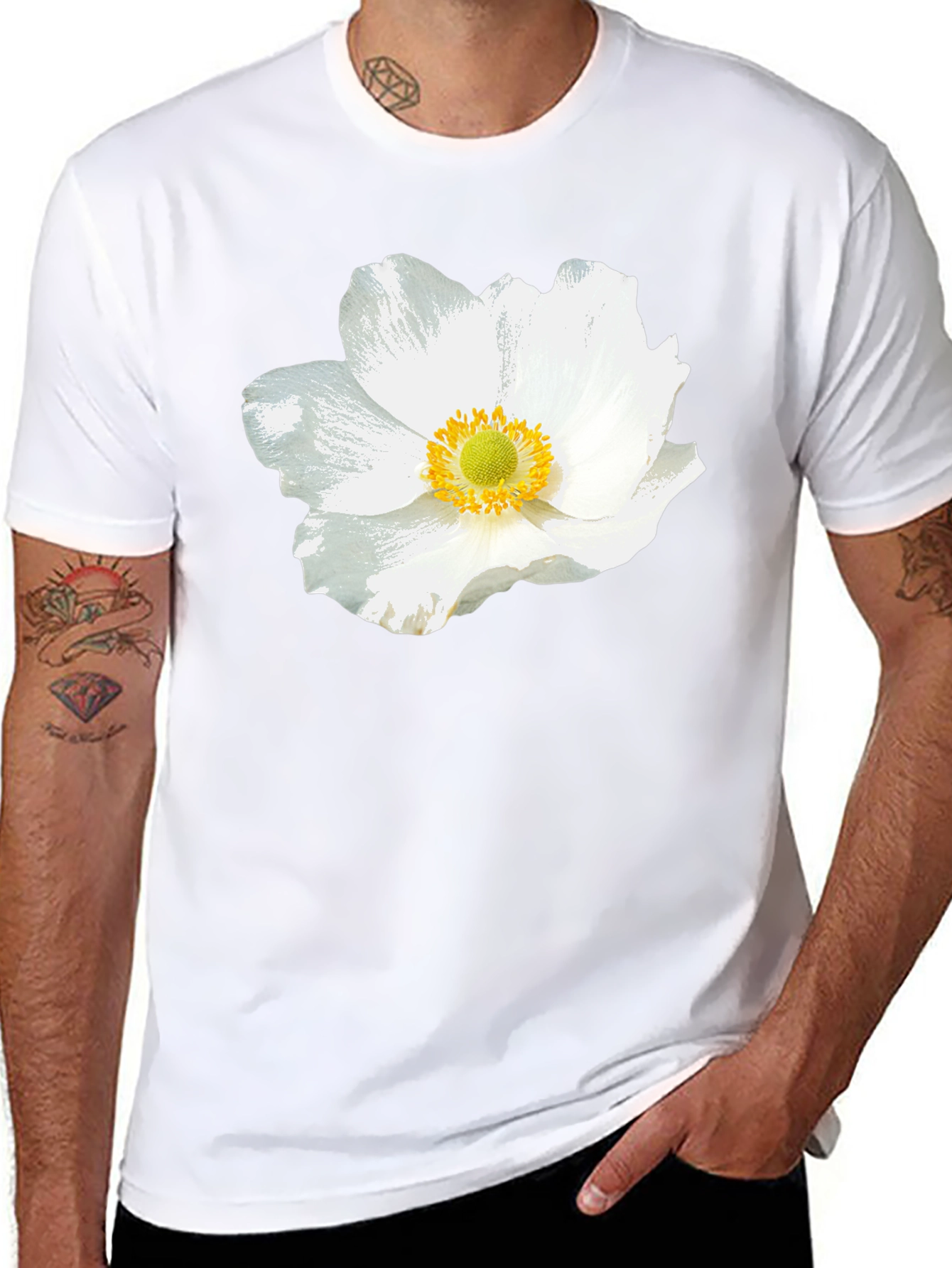White Floral Graphic Black T-Shirt