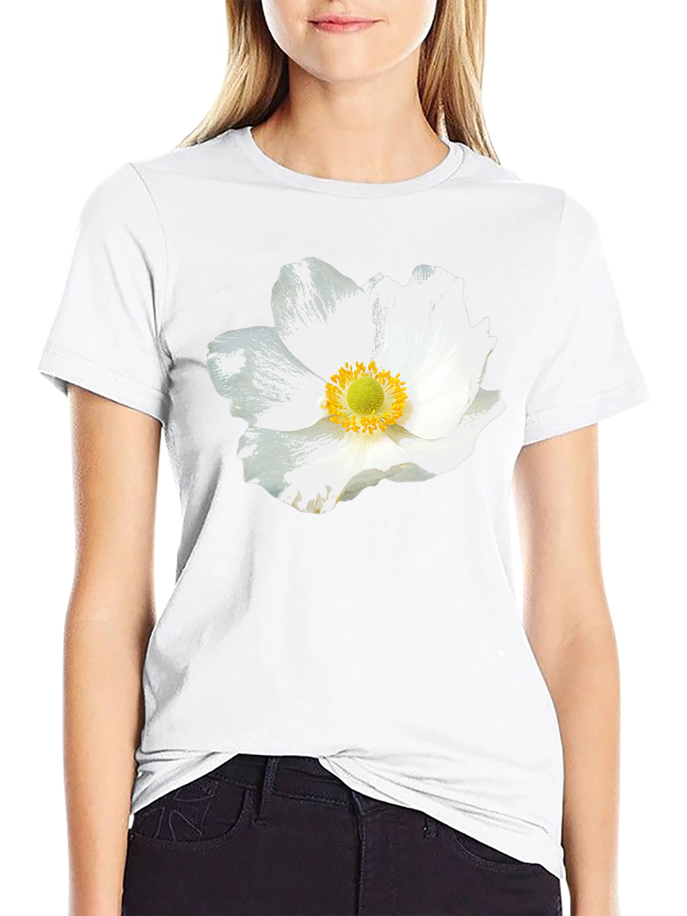White Floral Graphic Black T-Shirt