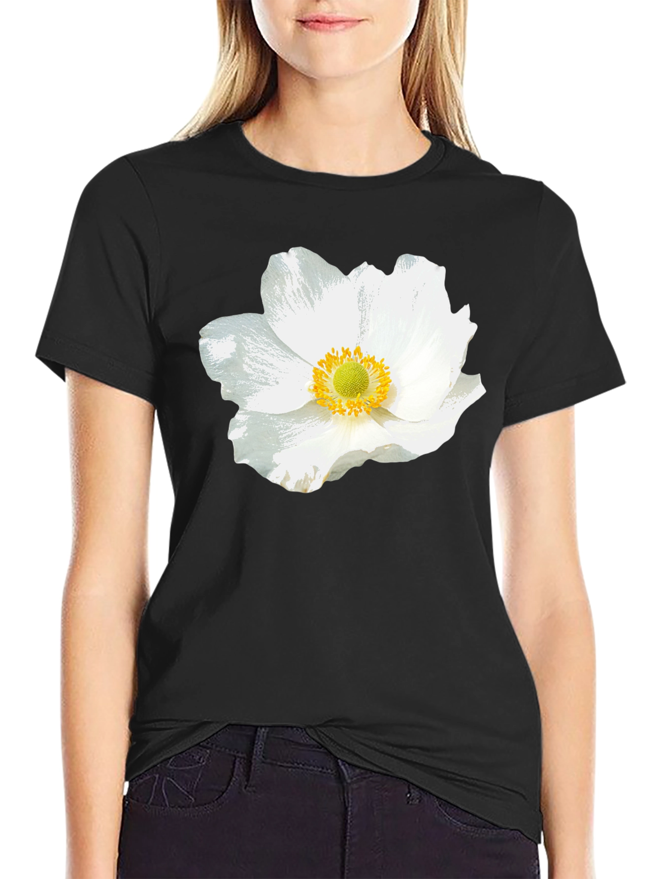 White Floral Graphic Black T-Shirt