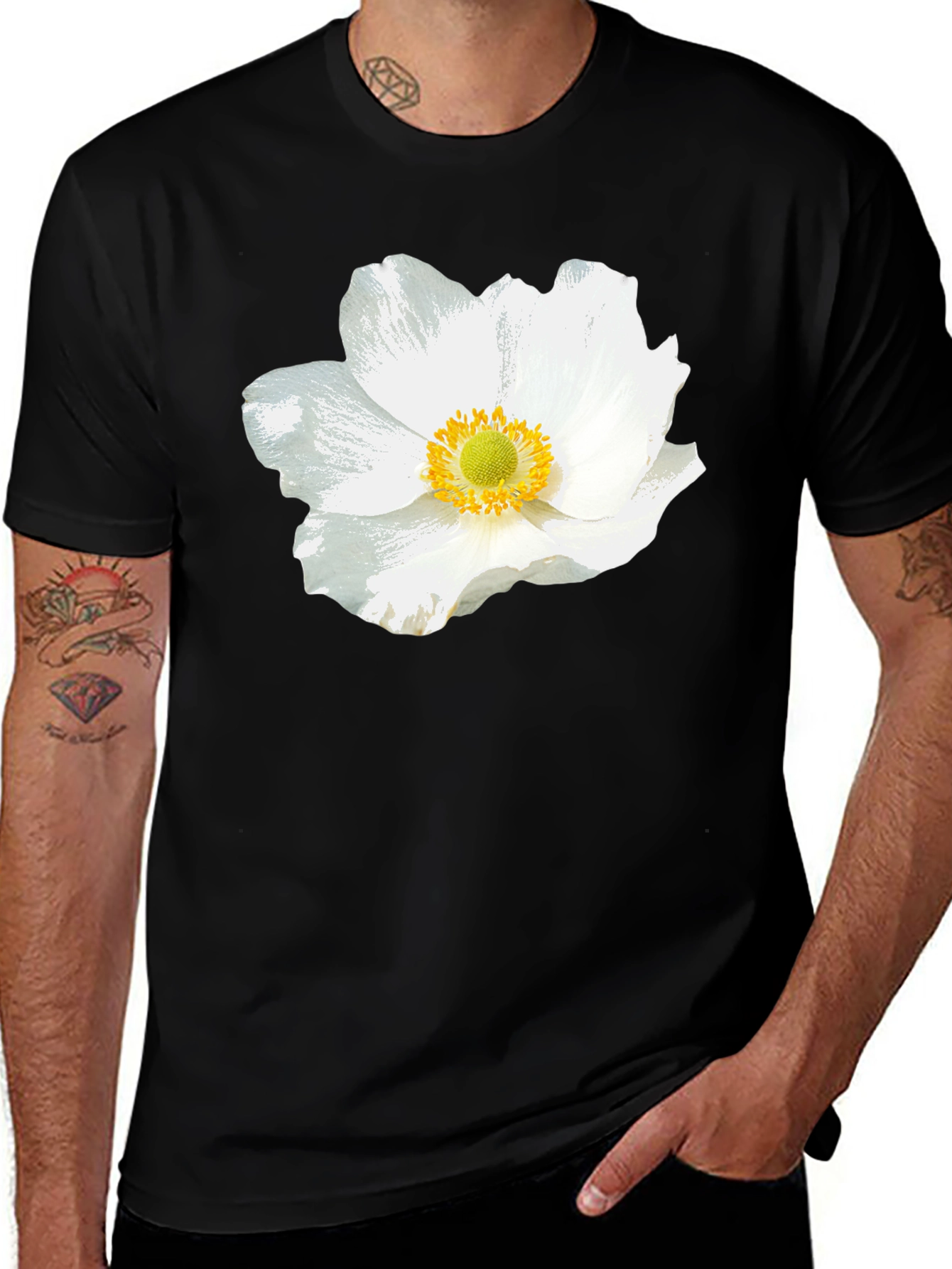 White Floral Graphic Black T-Shirt