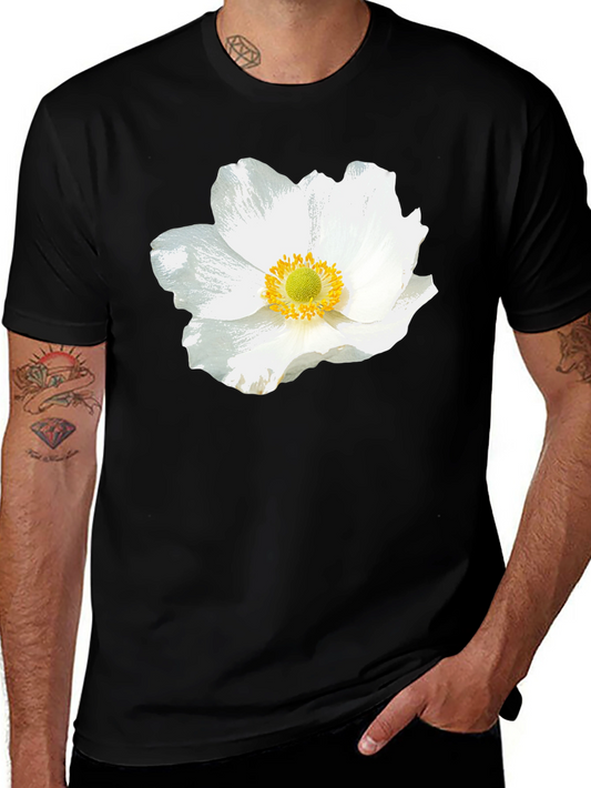 White Floral Graphic Black T-Shirt