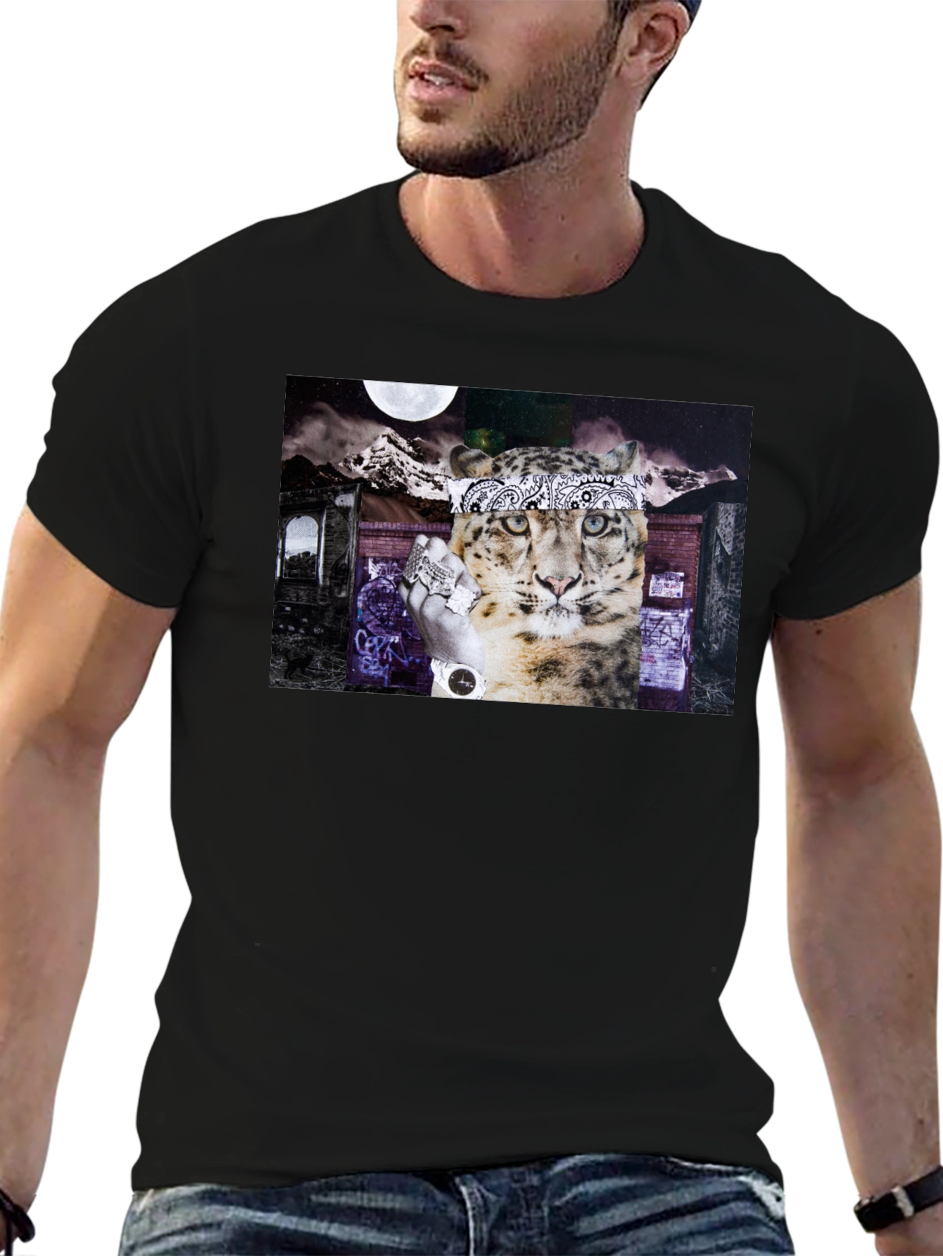 Graphic Print Black T-Shirt - Leopard Bandana