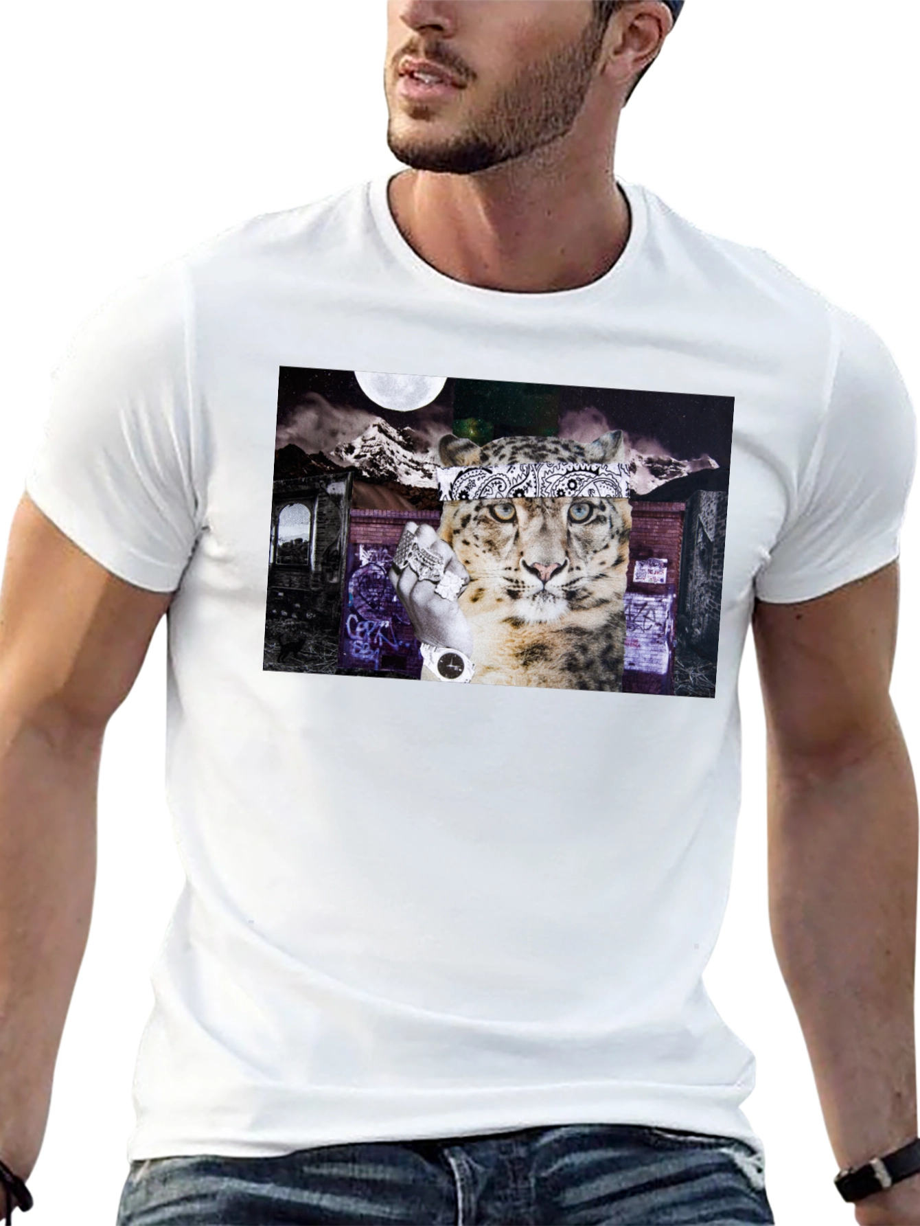 Graphic Print Black T-Shirt - Leopard Bandana
