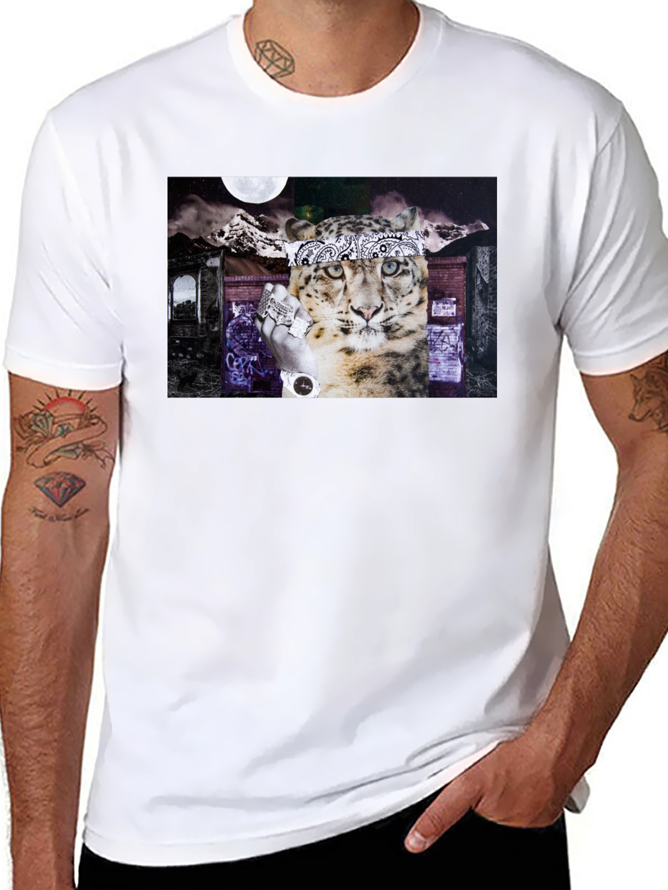 Graphic Print Black T-Shirt - Leopard Bandana