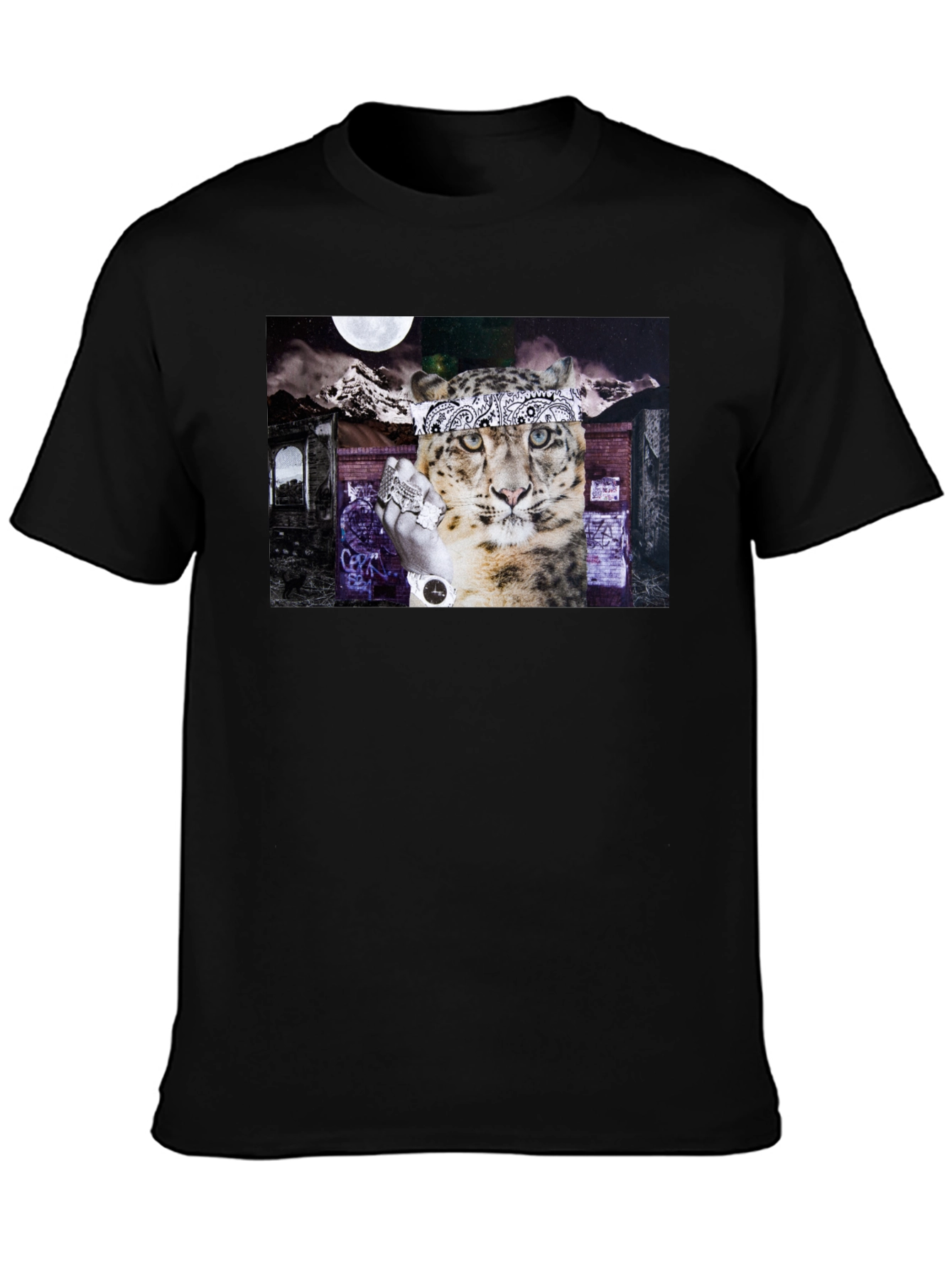 Graphic Print Black T-Shirt - Leopard Bandana