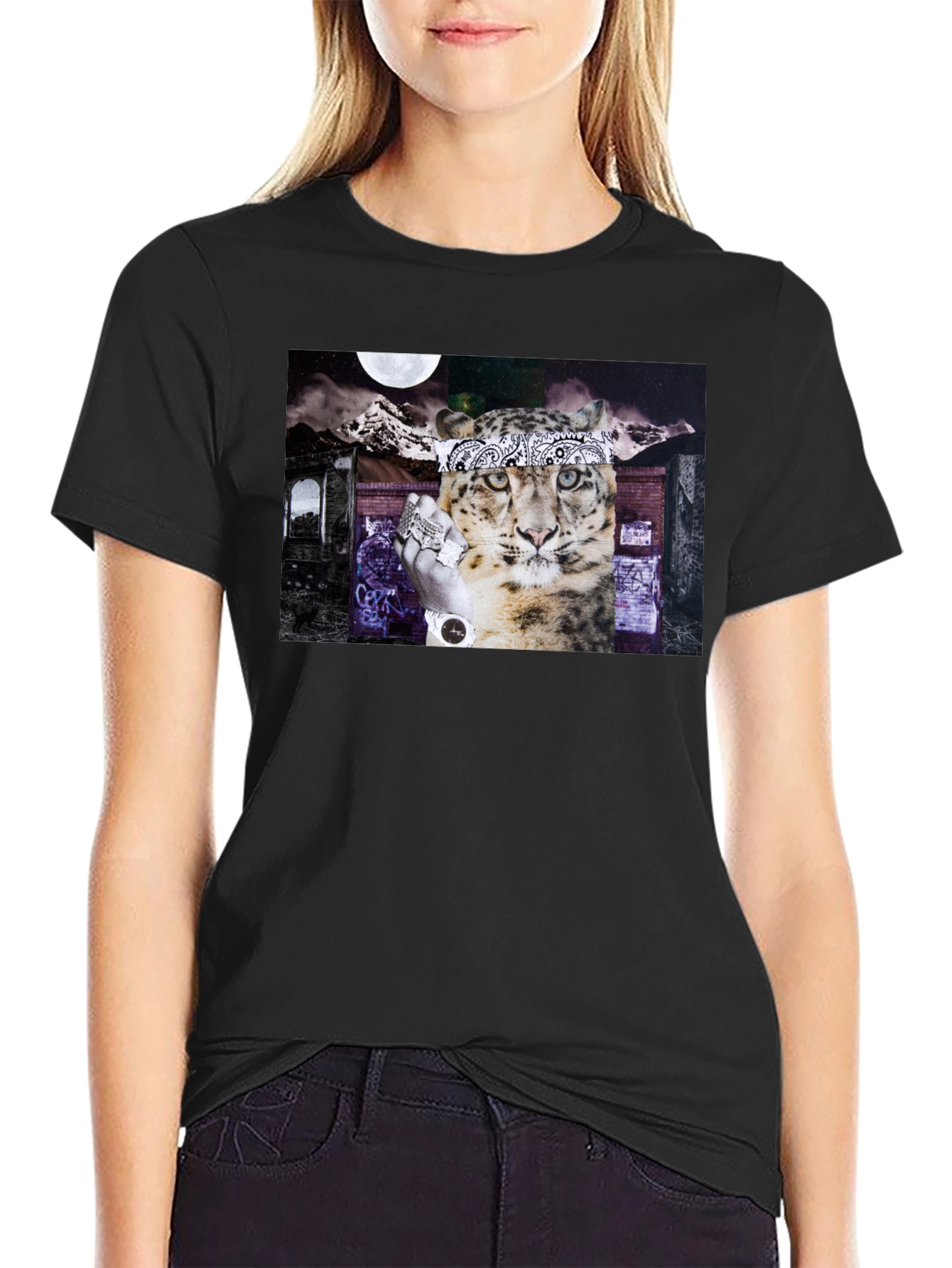 Graphic Print Black T-Shirt - Leopard Bandana