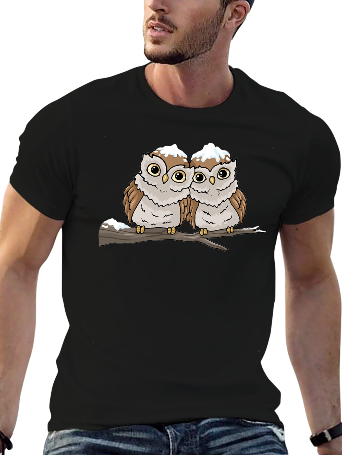 Cute Owl Couple Graphic Black T-Shirt