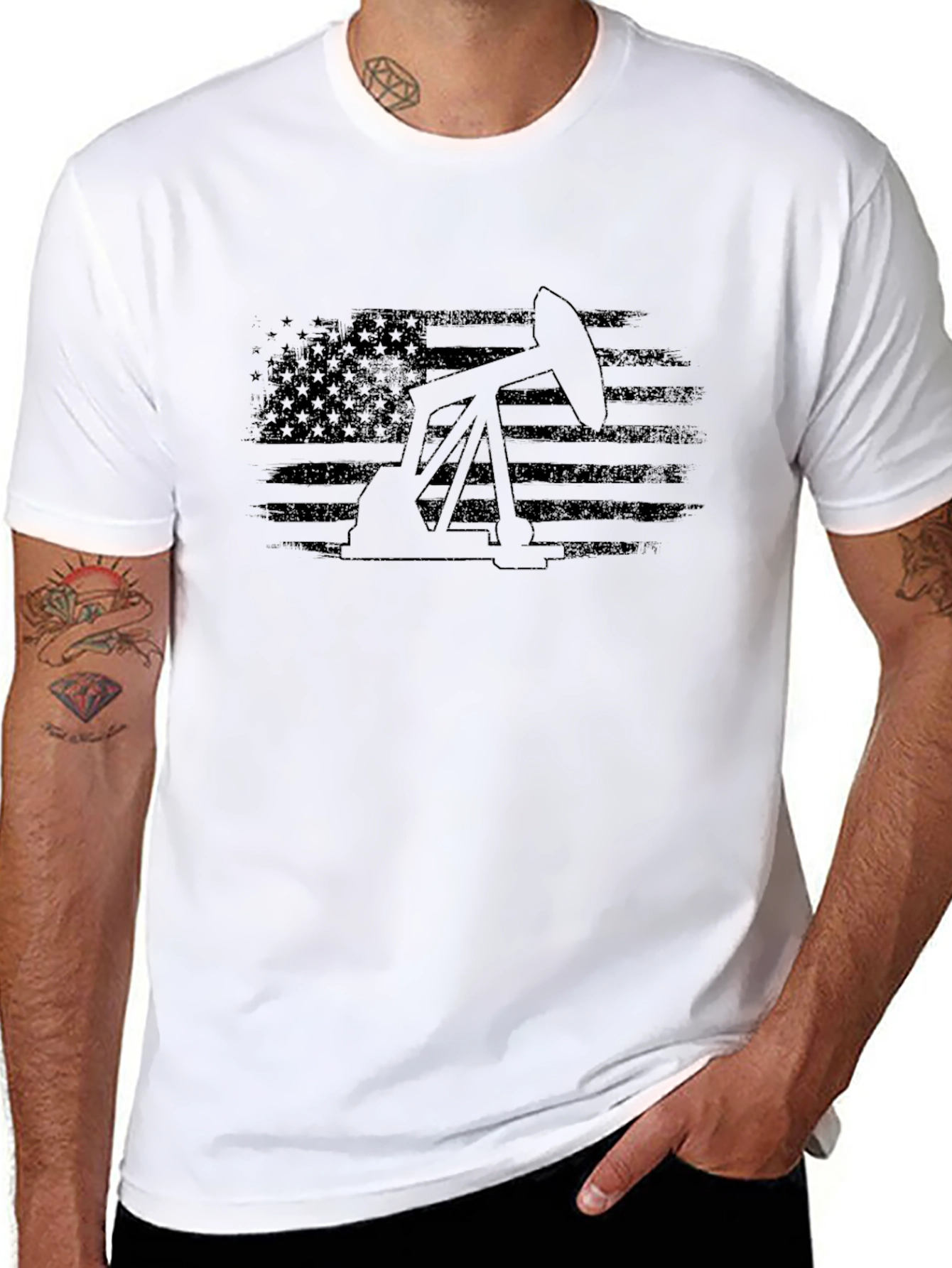 Oil Derrick USA Flag Graphic T-Shirt