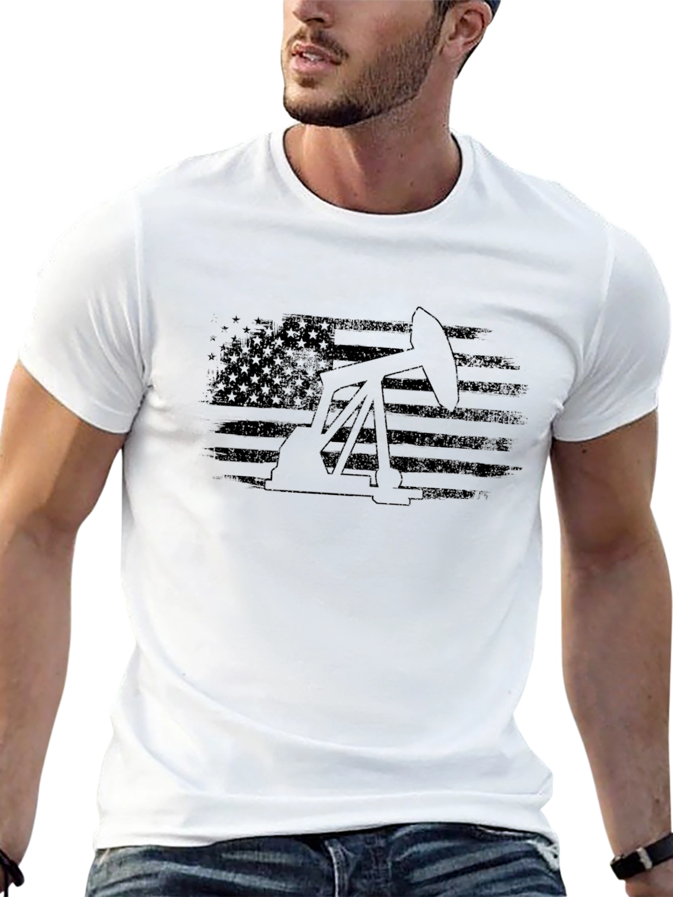 Oil Derrick USA Flag Graphic T-Shirt