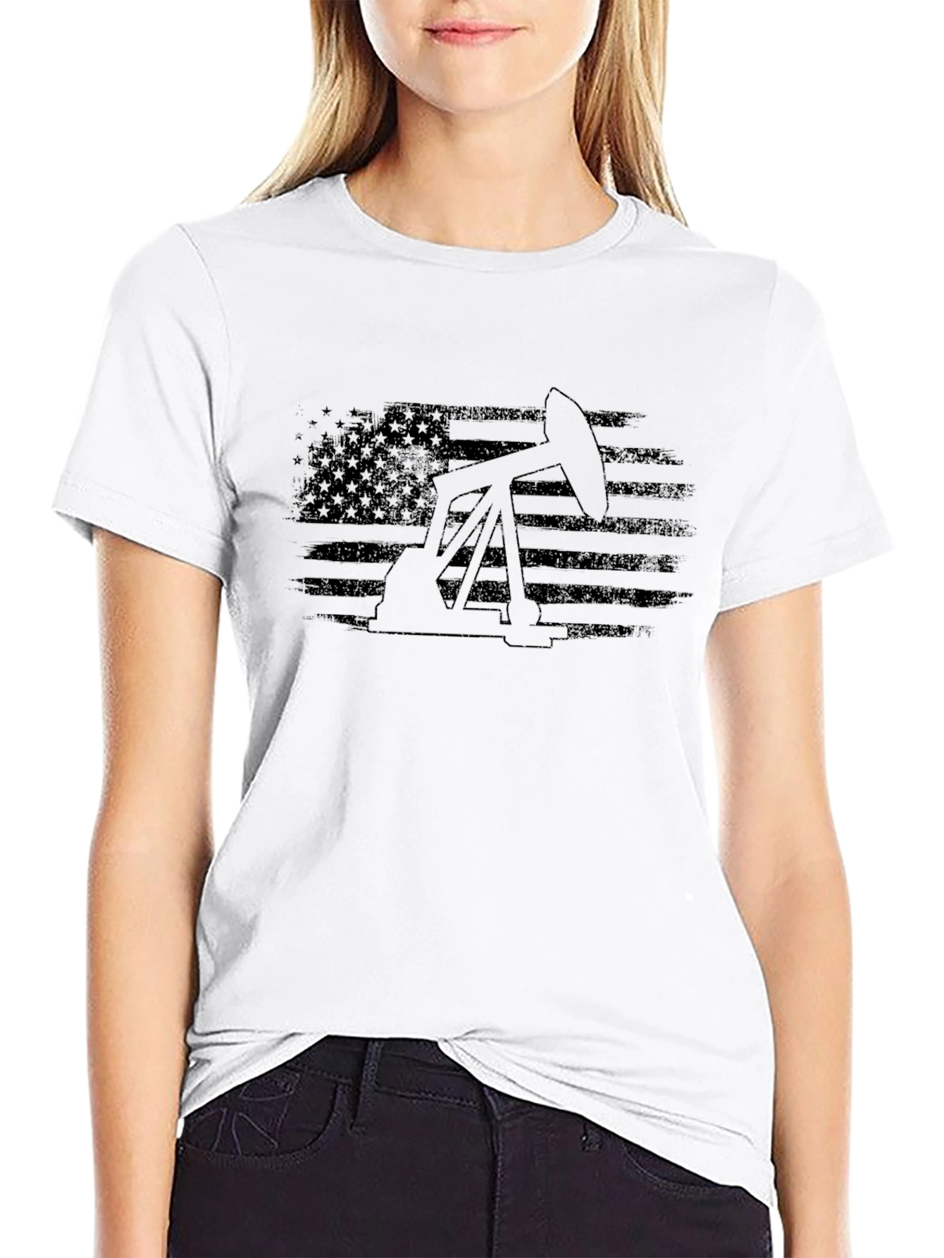 Oil Derrick USA Flag Graphic T-Shirt