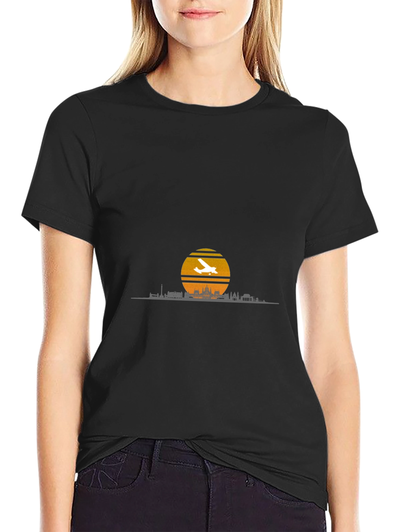 Sunset Skyline Airplane T-Shirt