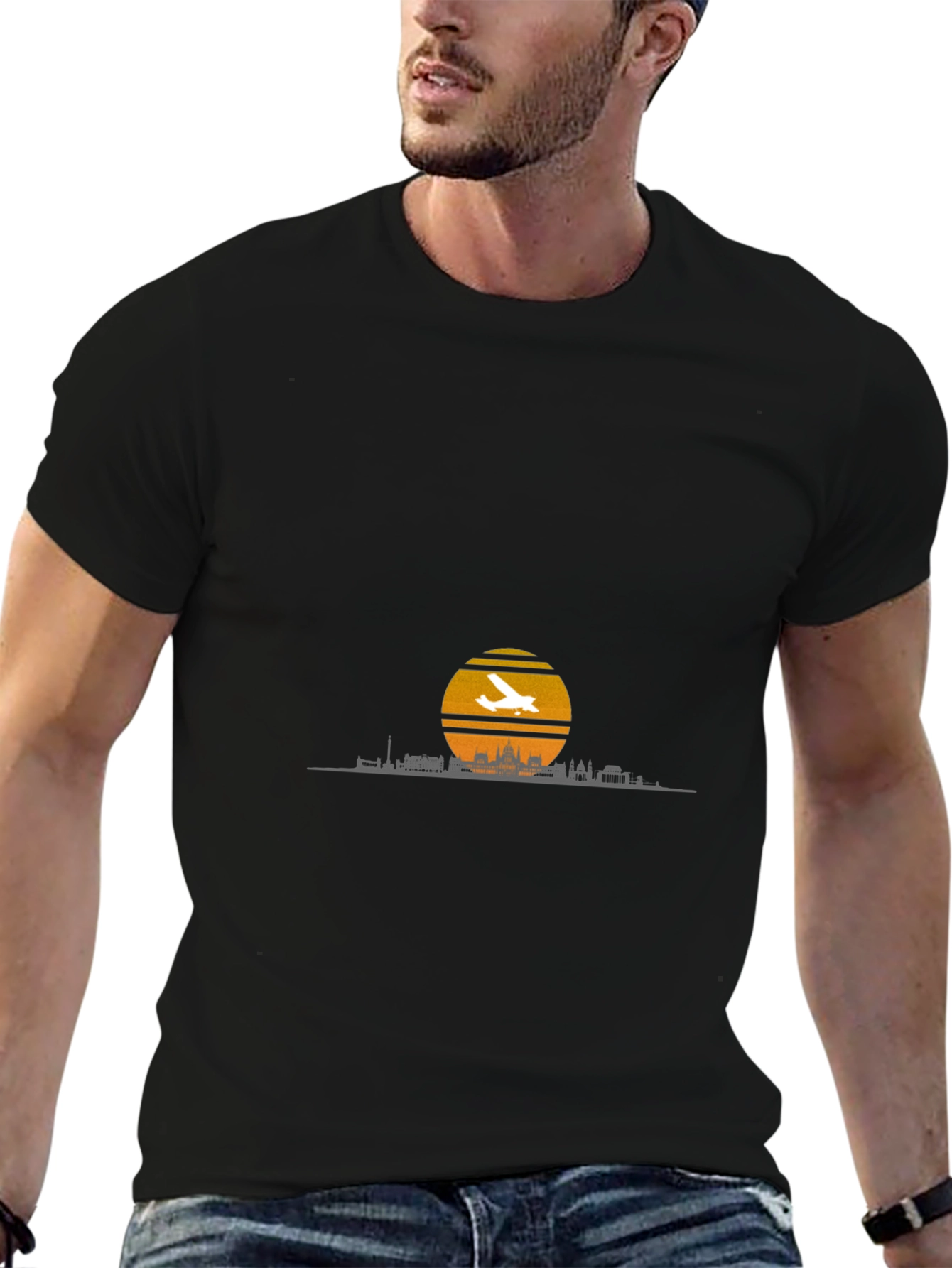 Sunset Skyline Airplane T-Shirt