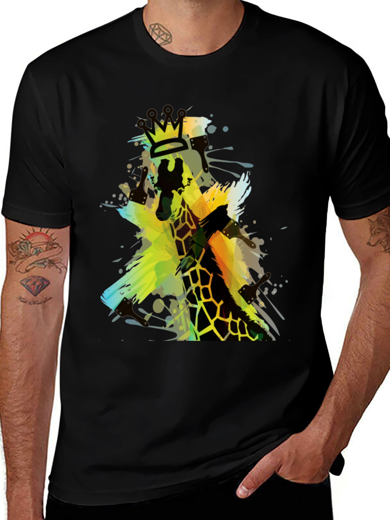 Giraffe King Mens Black Graphic T-Shirt