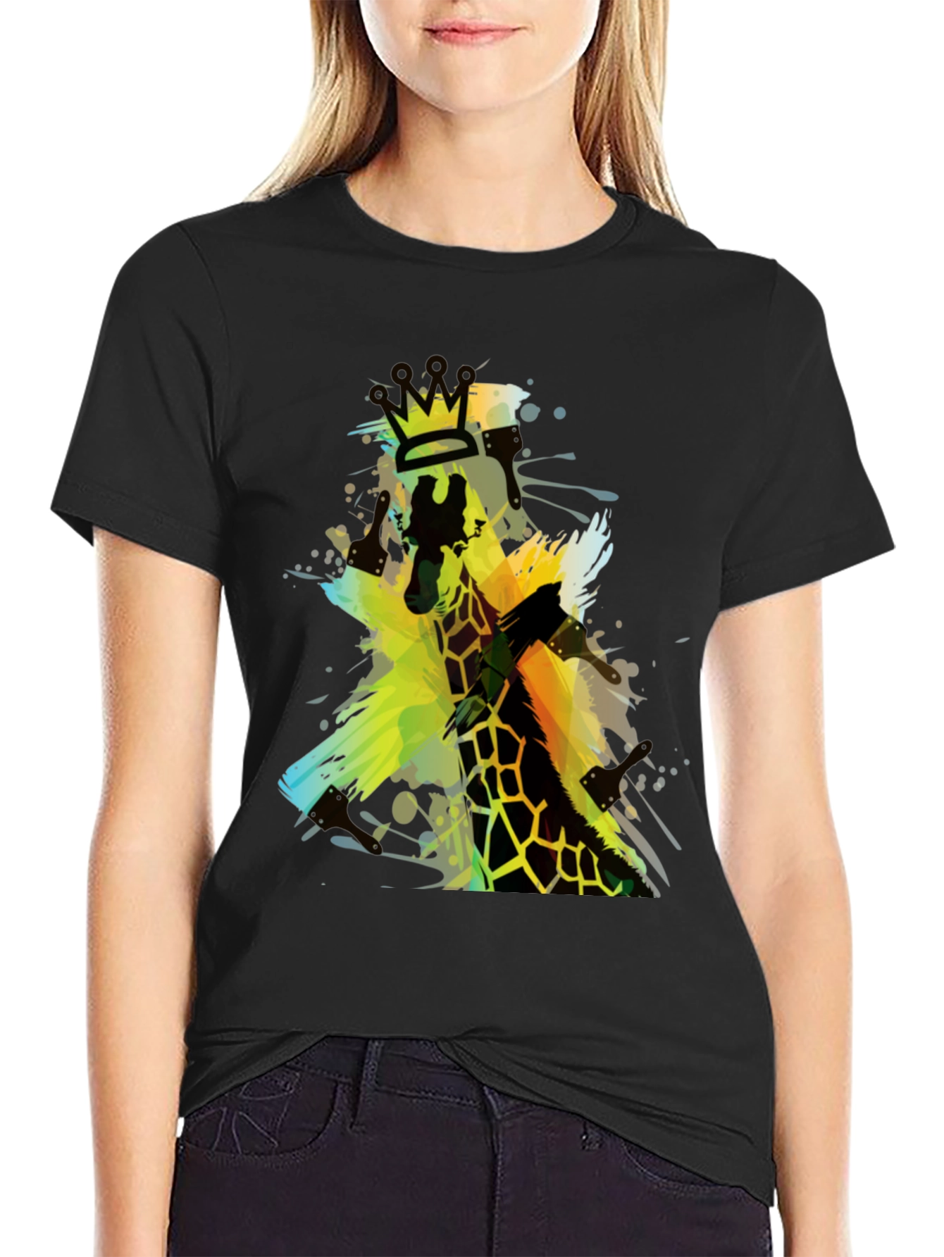 Giraffe King Mens Black Graphic T-Shirt