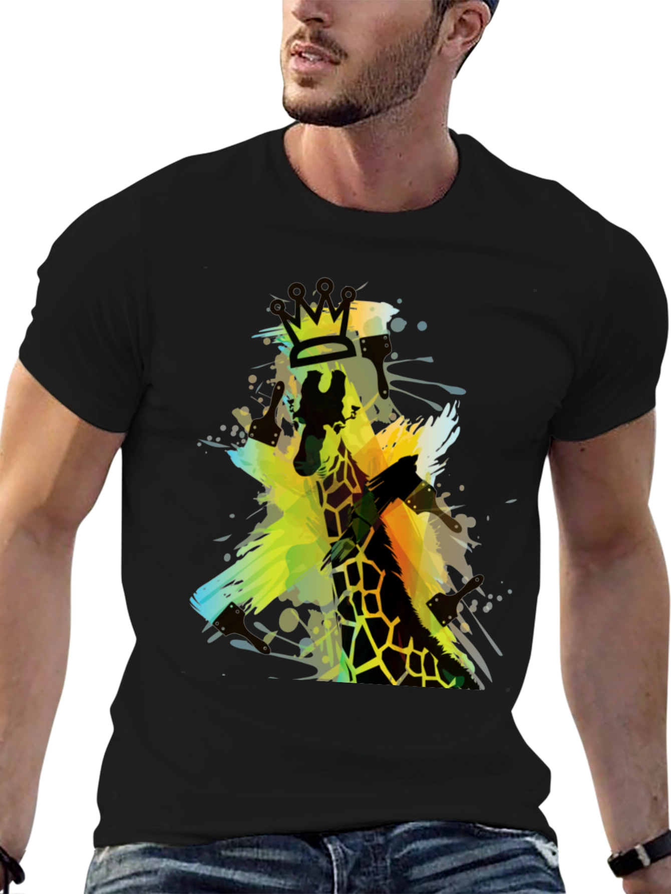 Giraffe King Mens Black Graphic T-Shirt
