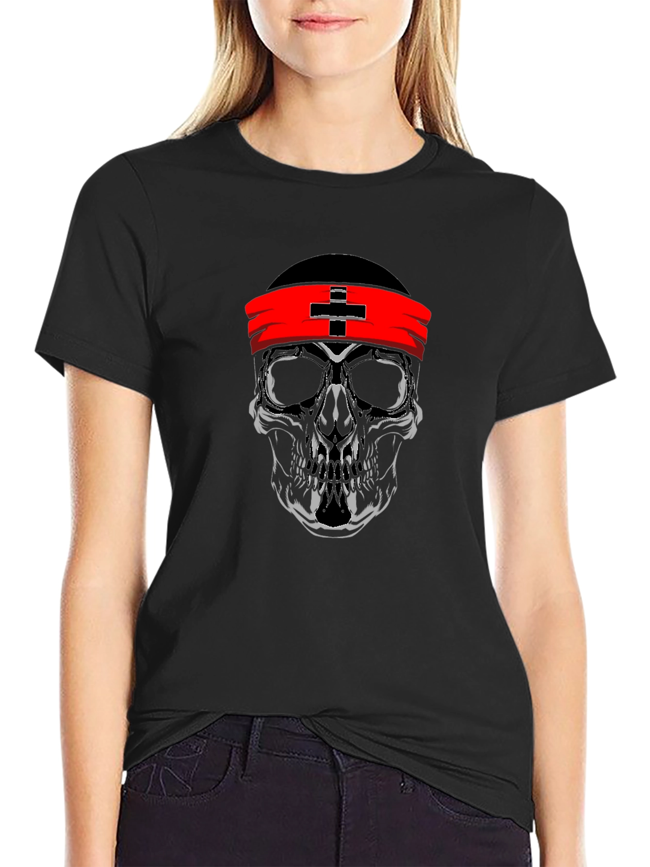Skull Graphic T-Shirt with Red Headband