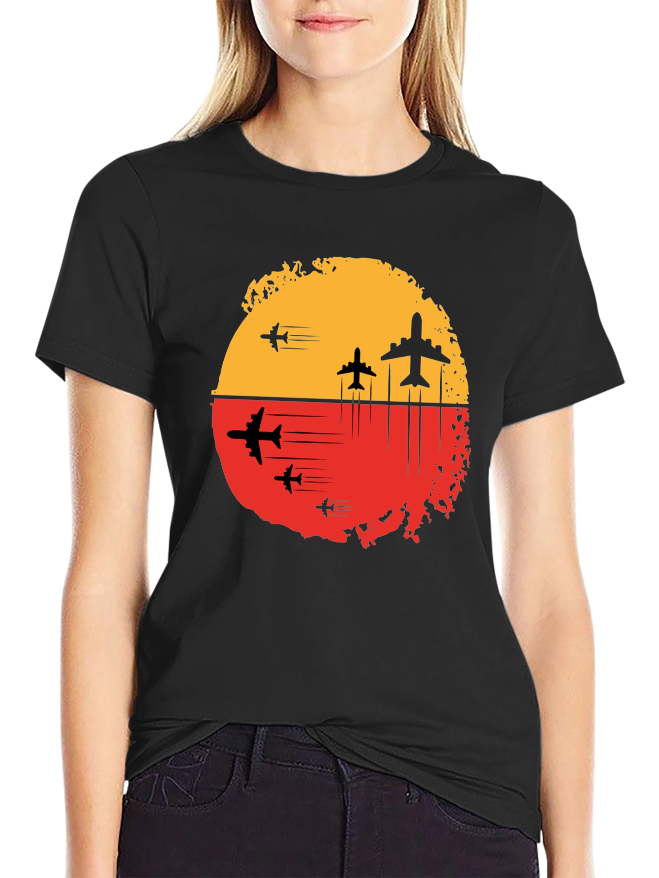 Airplane Sunset Graphic Tee - Black Travel Shirt