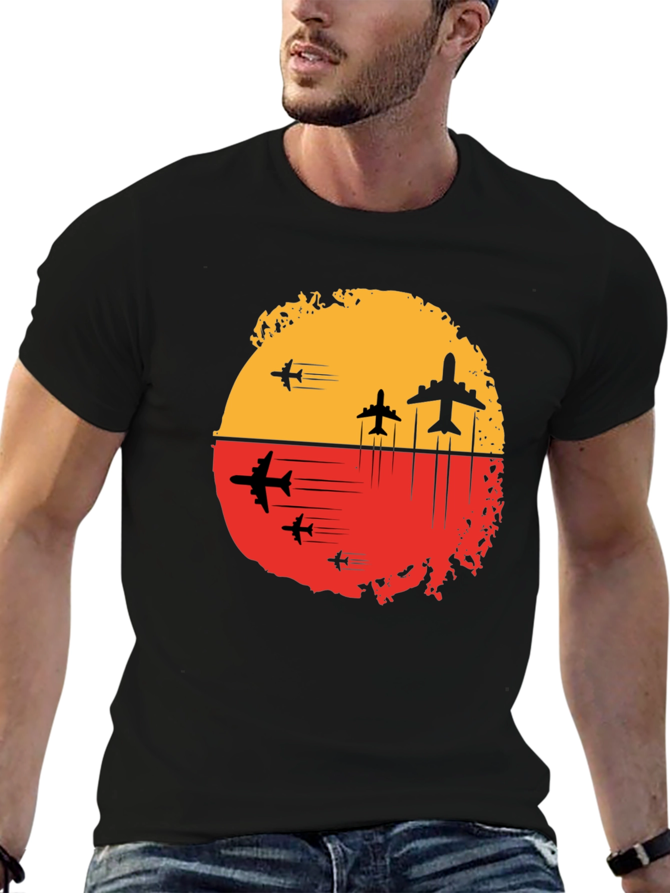 Airplane Sunset Graphic Tee - Black Travel Shirt