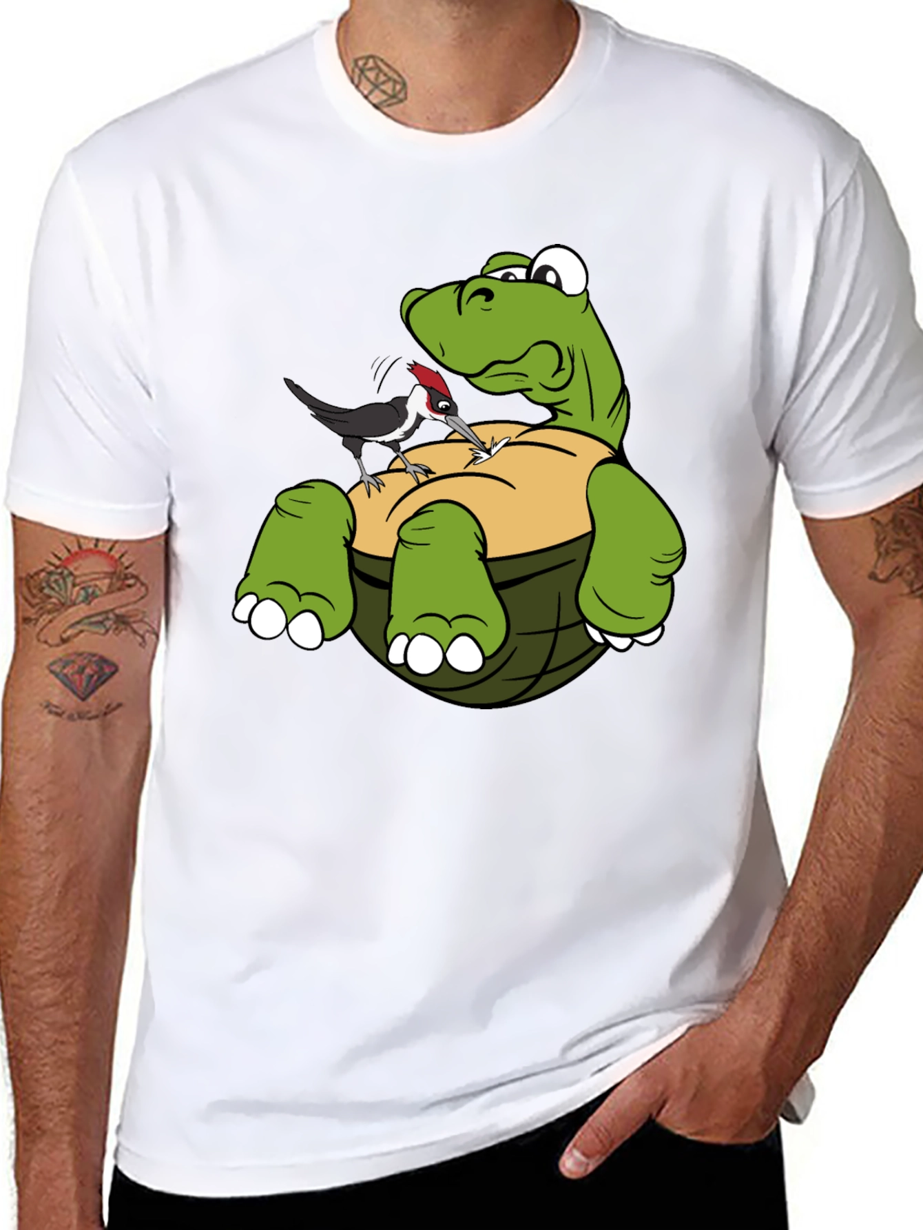 Cartoon Turtle & Woodpecker Graphic T-Shirt