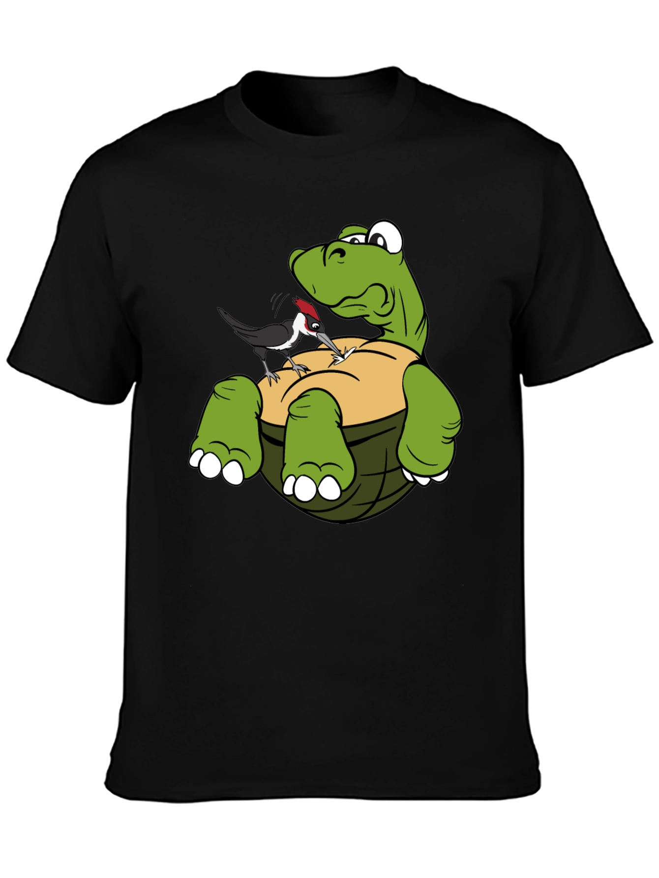 Cartoon Turtle & Woodpecker Graphic T-Shirt