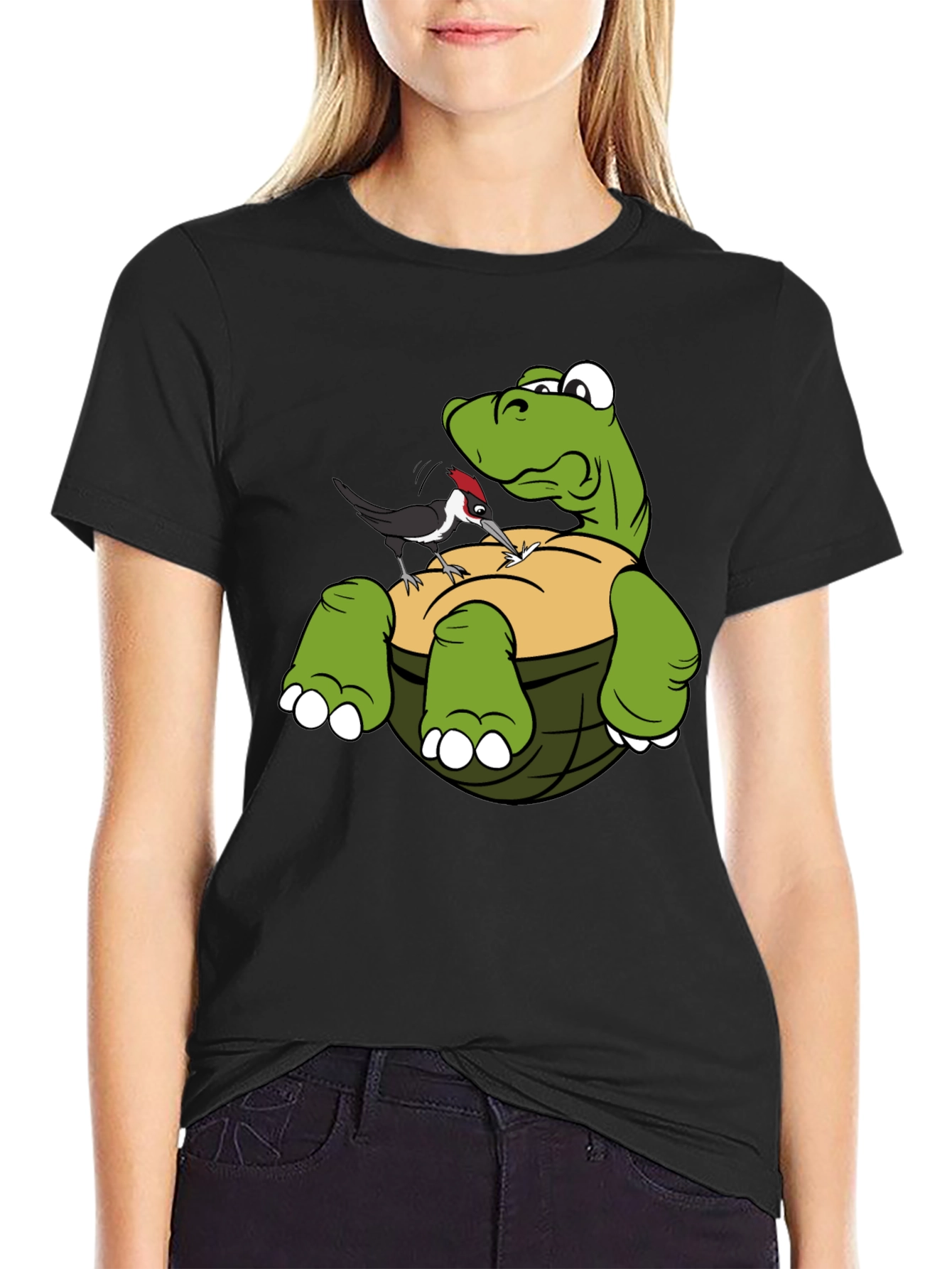 Cartoon Turtle & Woodpecker Graphic T-Shirt