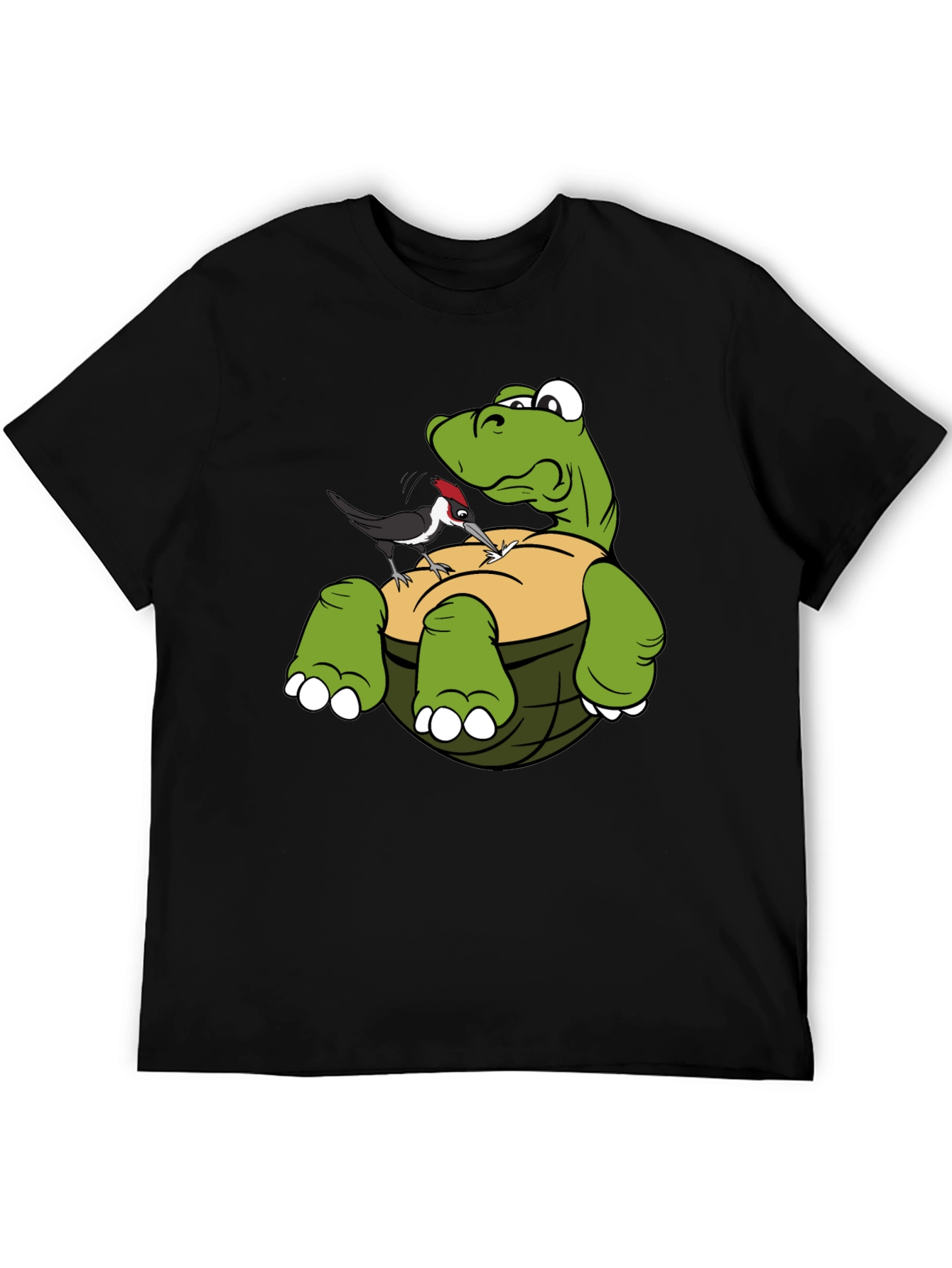Cartoon Turtle & Woodpecker Graphic T-Shirt