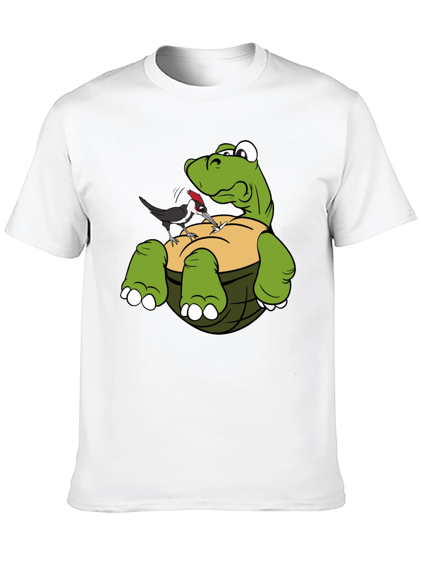 Cartoon Turtle & Woodpecker Graphic T-Shirt