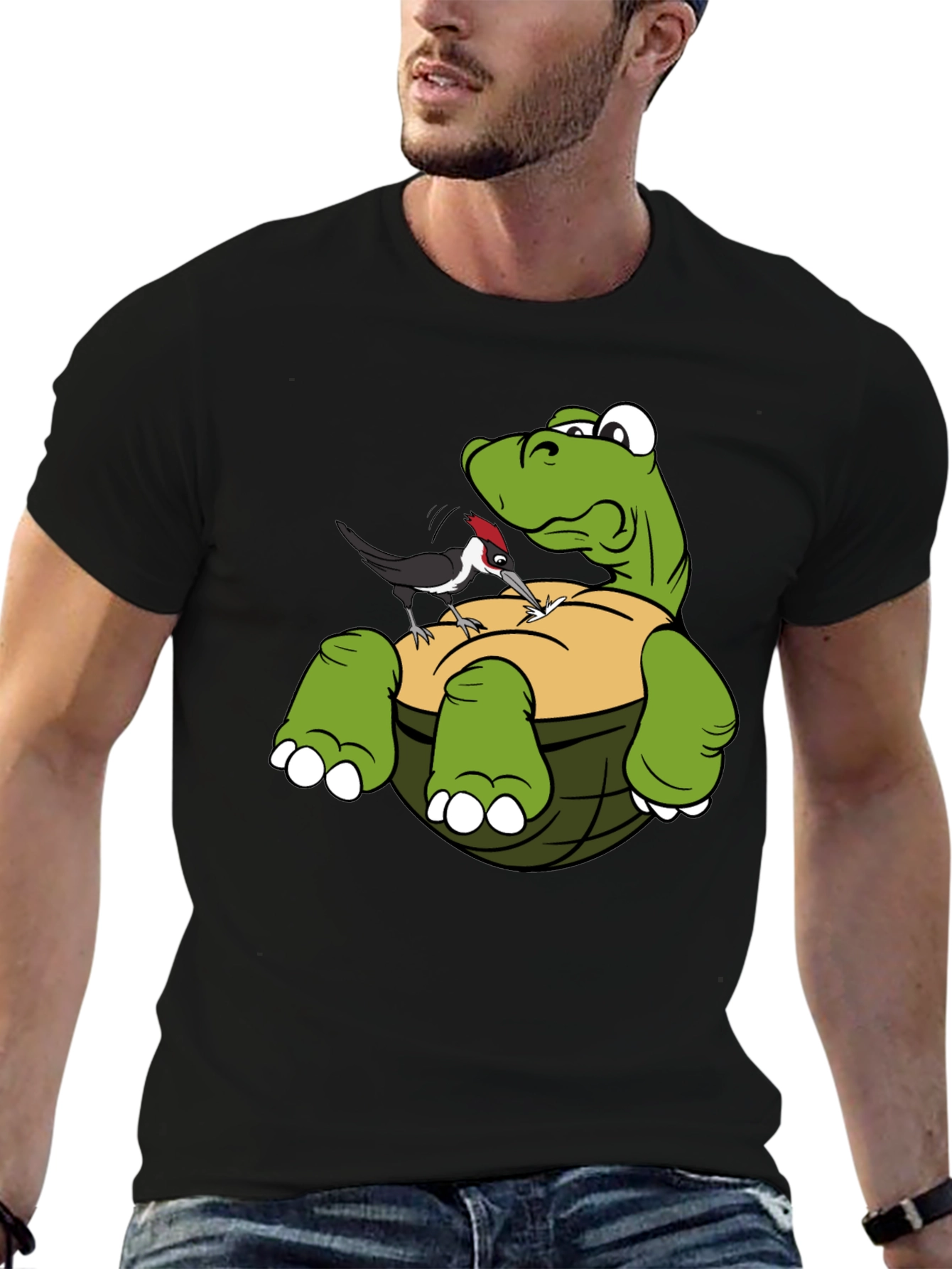 Cartoon Turtle & Woodpecker Graphic T-Shirt