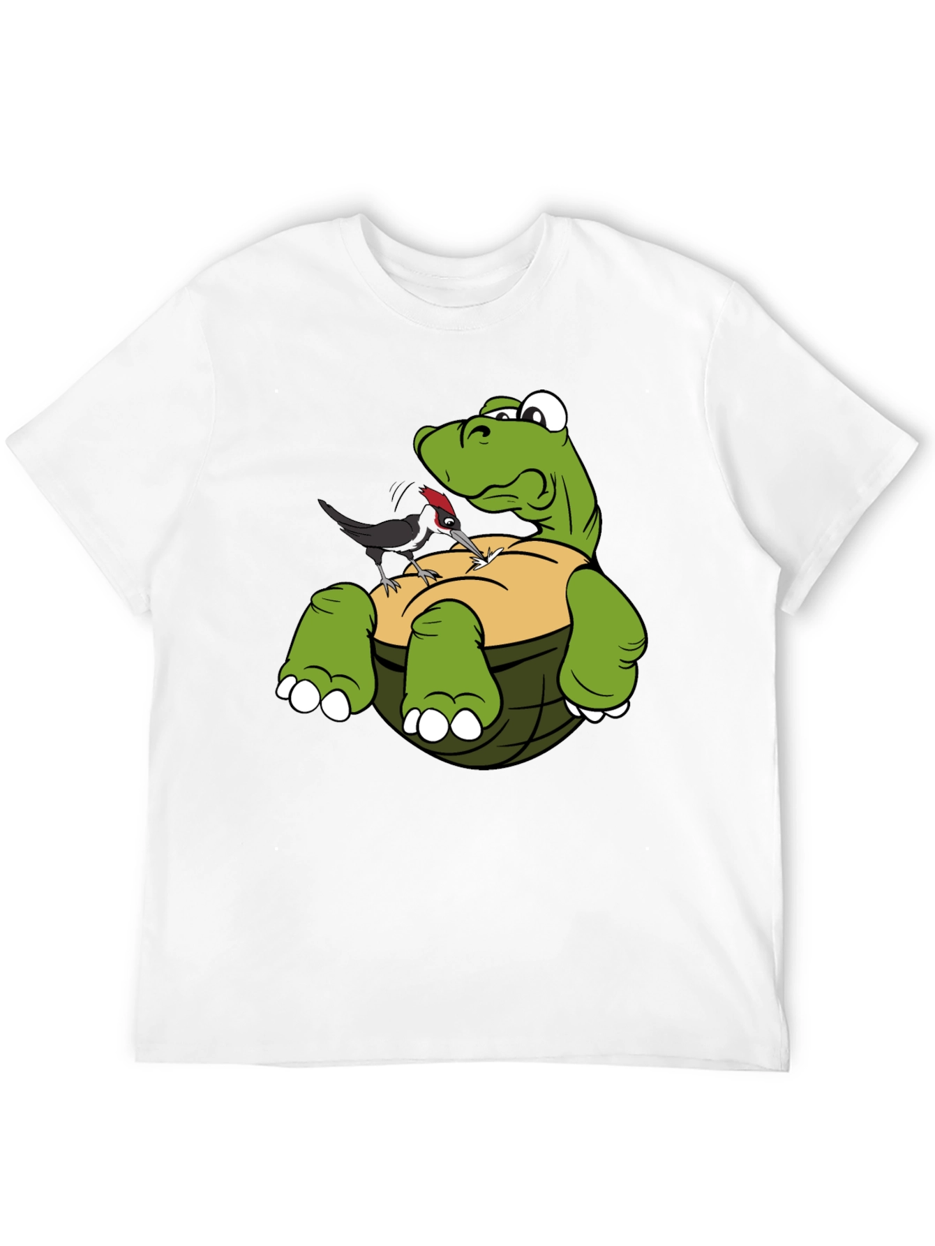 Cartoon Turtle & Woodpecker Graphic T-Shirt