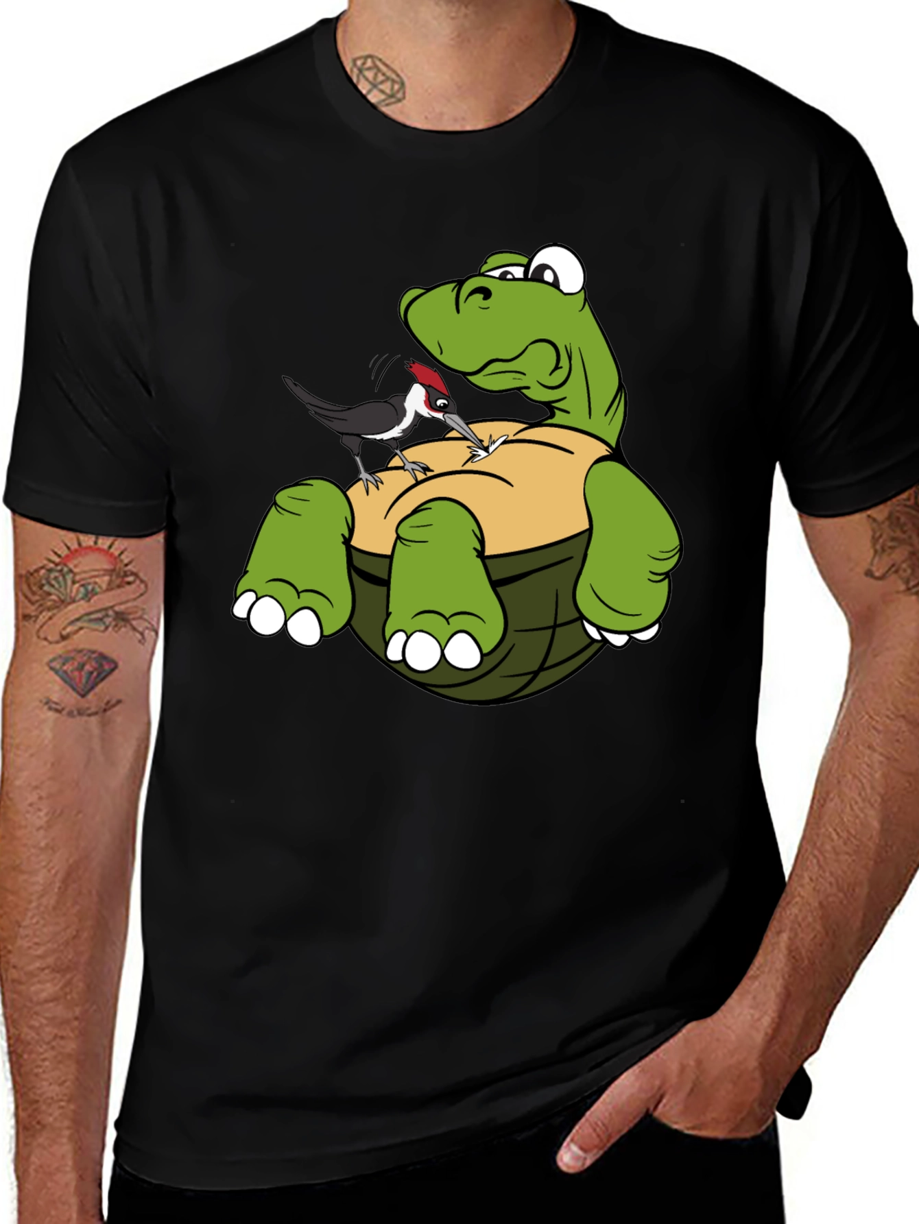 Cartoon Turtle & Woodpecker Graphic T-Shirt