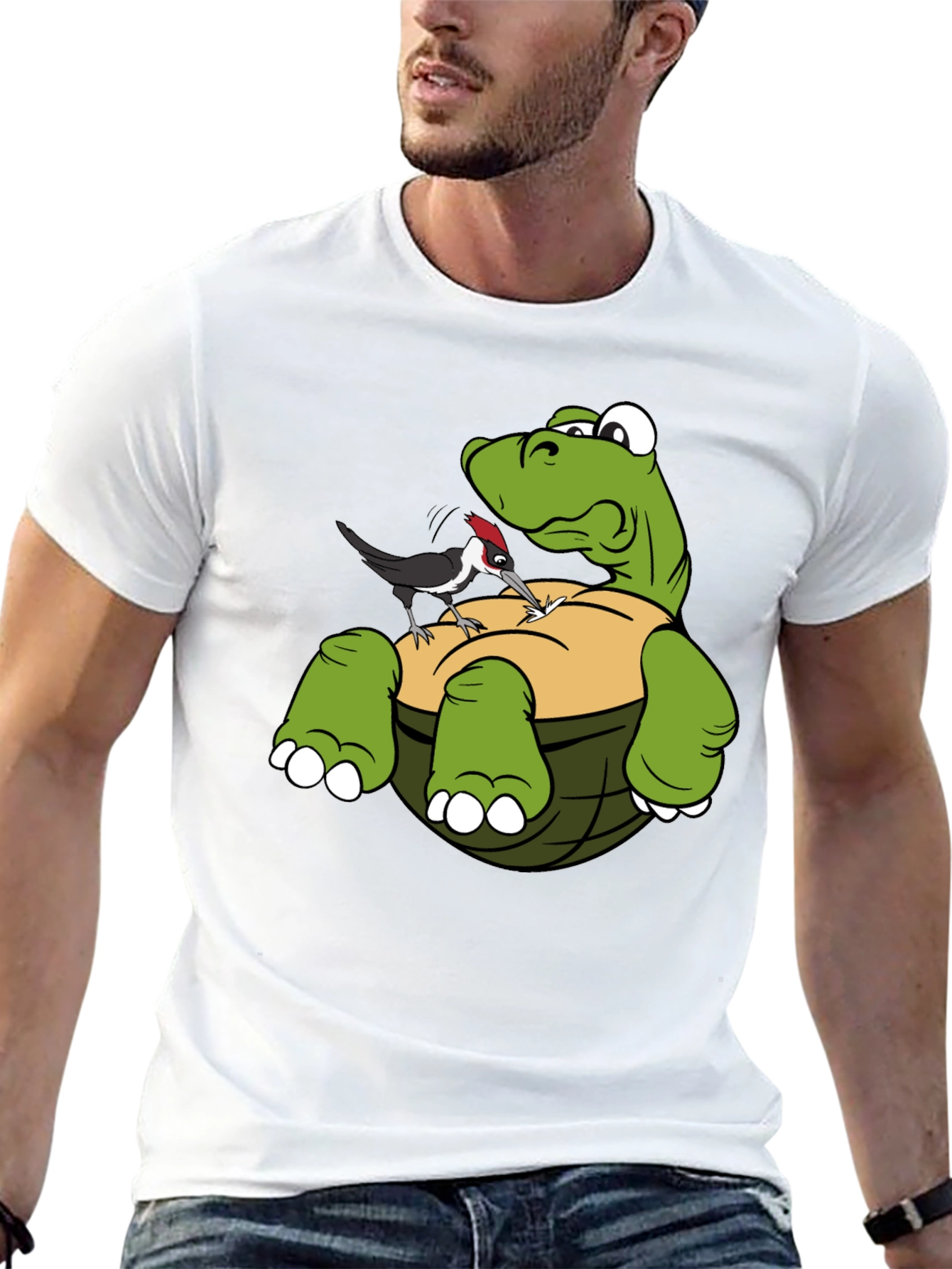 Cartoon Turtle & Woodpecker Graphic T-Shirt