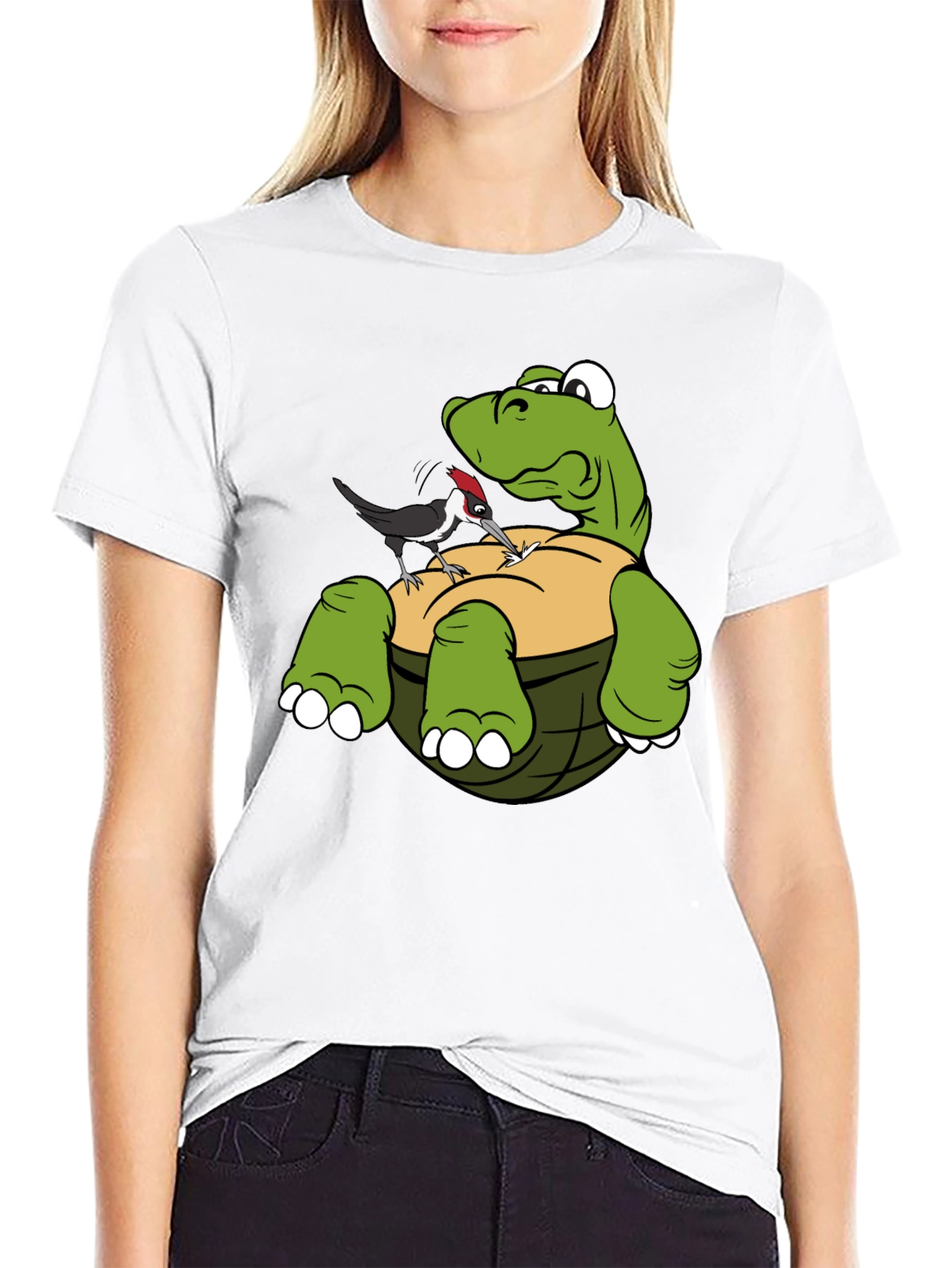 Cartoon Turtle & Woodpecker Graphic T-Shirt