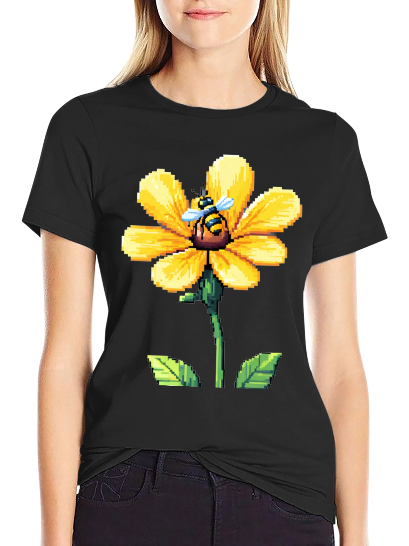 Pixel Bee on Pixel Flower Graphic Tee - Black