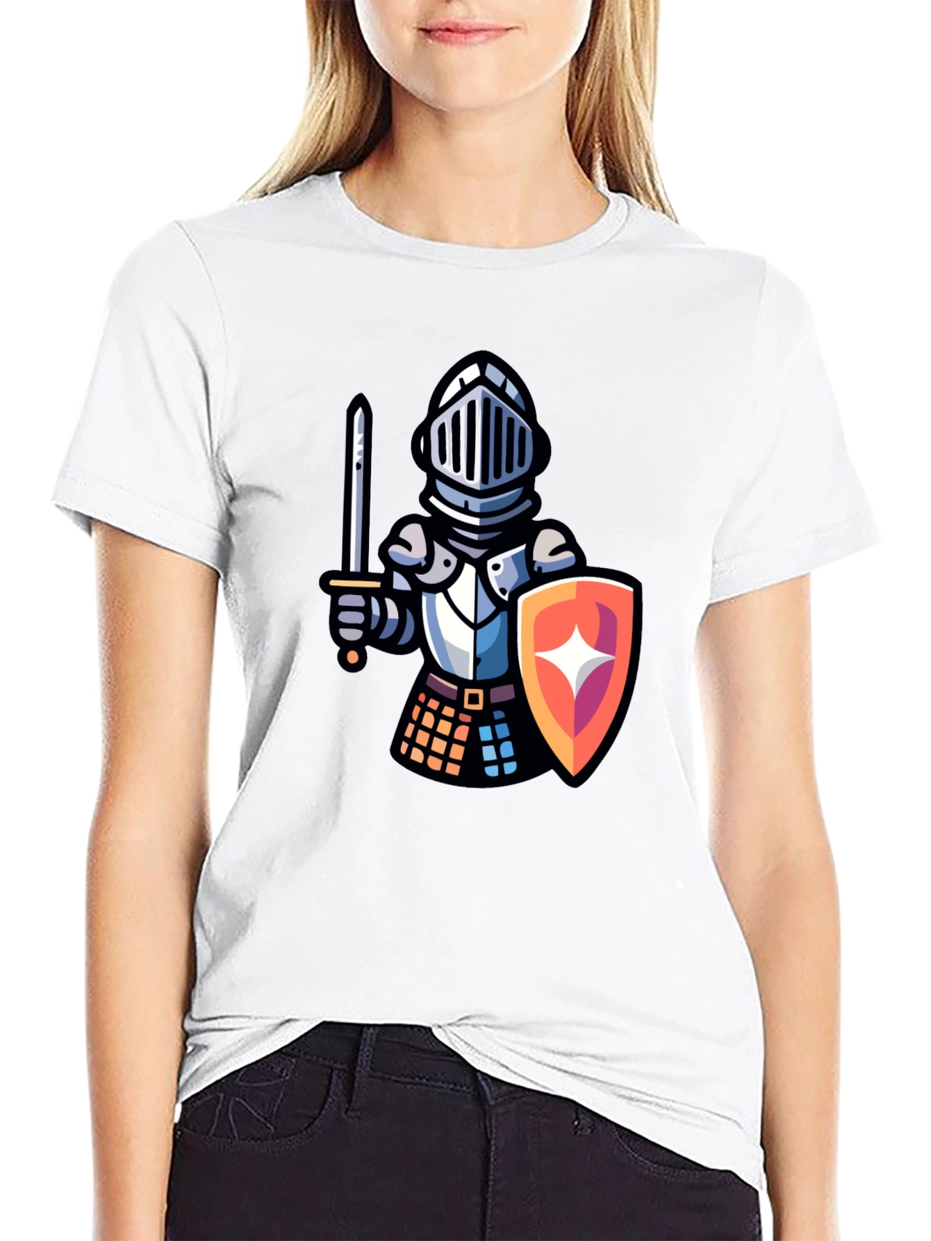 Knight Cartoon Graphic T-Shirt - Black Crew Neck Tee