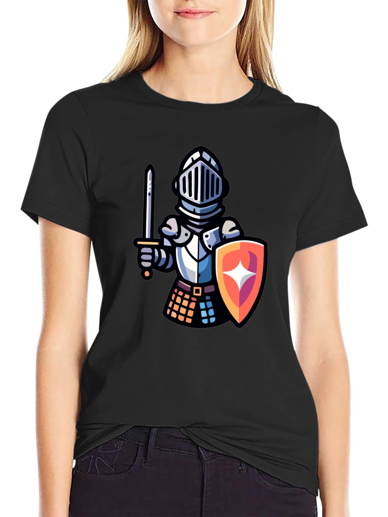 Knight Cartoon Graphic T-Shirt - Black Crew Neck Tee