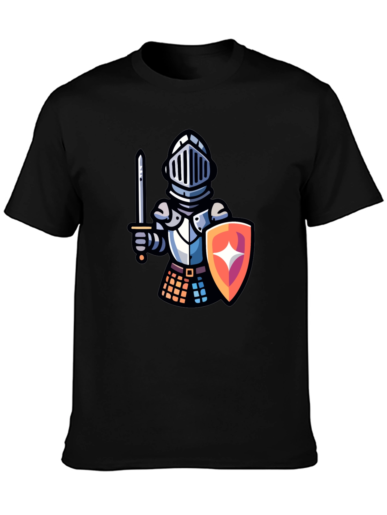 Knight Cartoon Graphic T-Shirt - Black Crew Neck Tee
