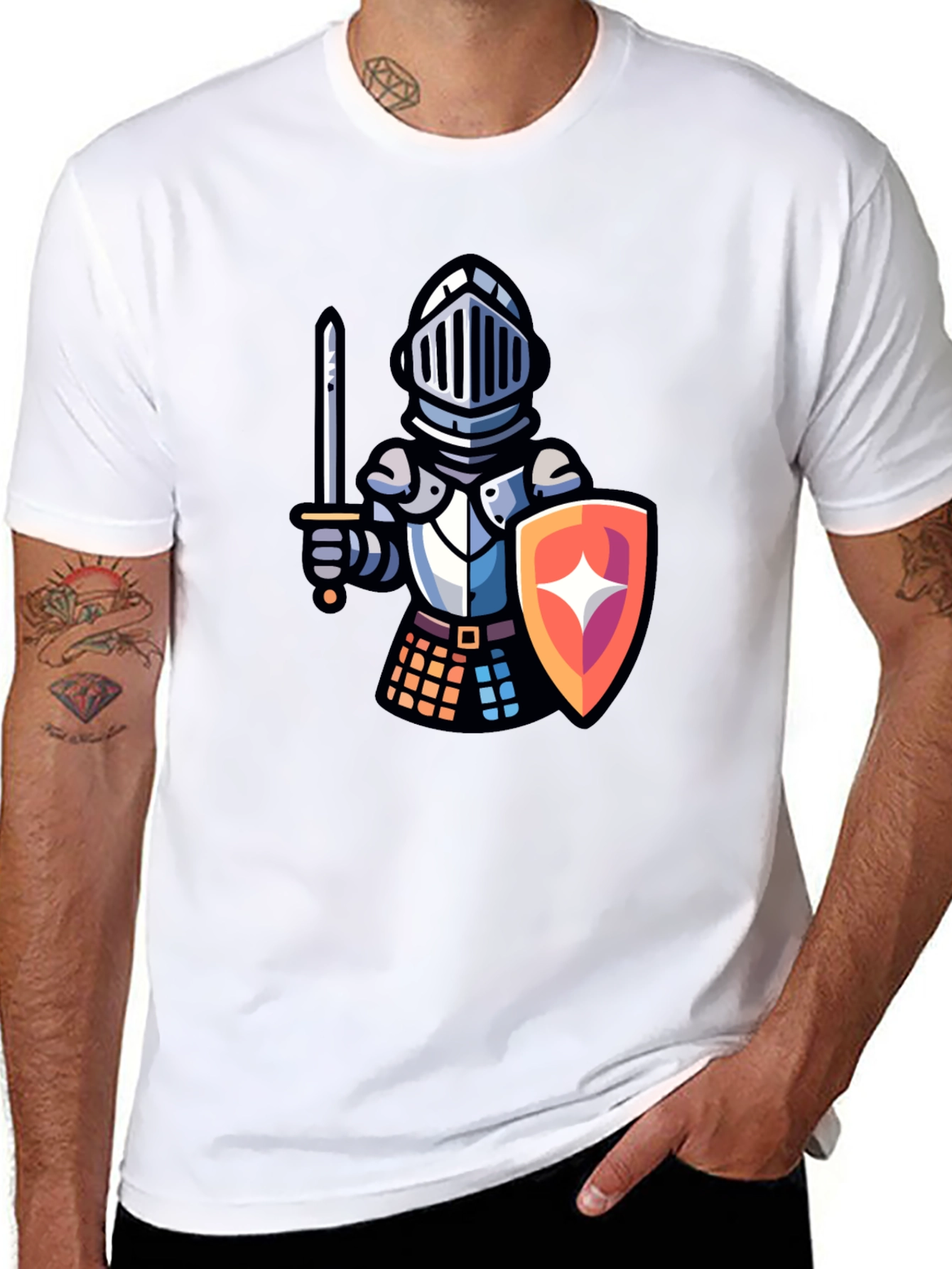 Knight Cartoon Graphic T-Shirt - Black Crew Neck Tee