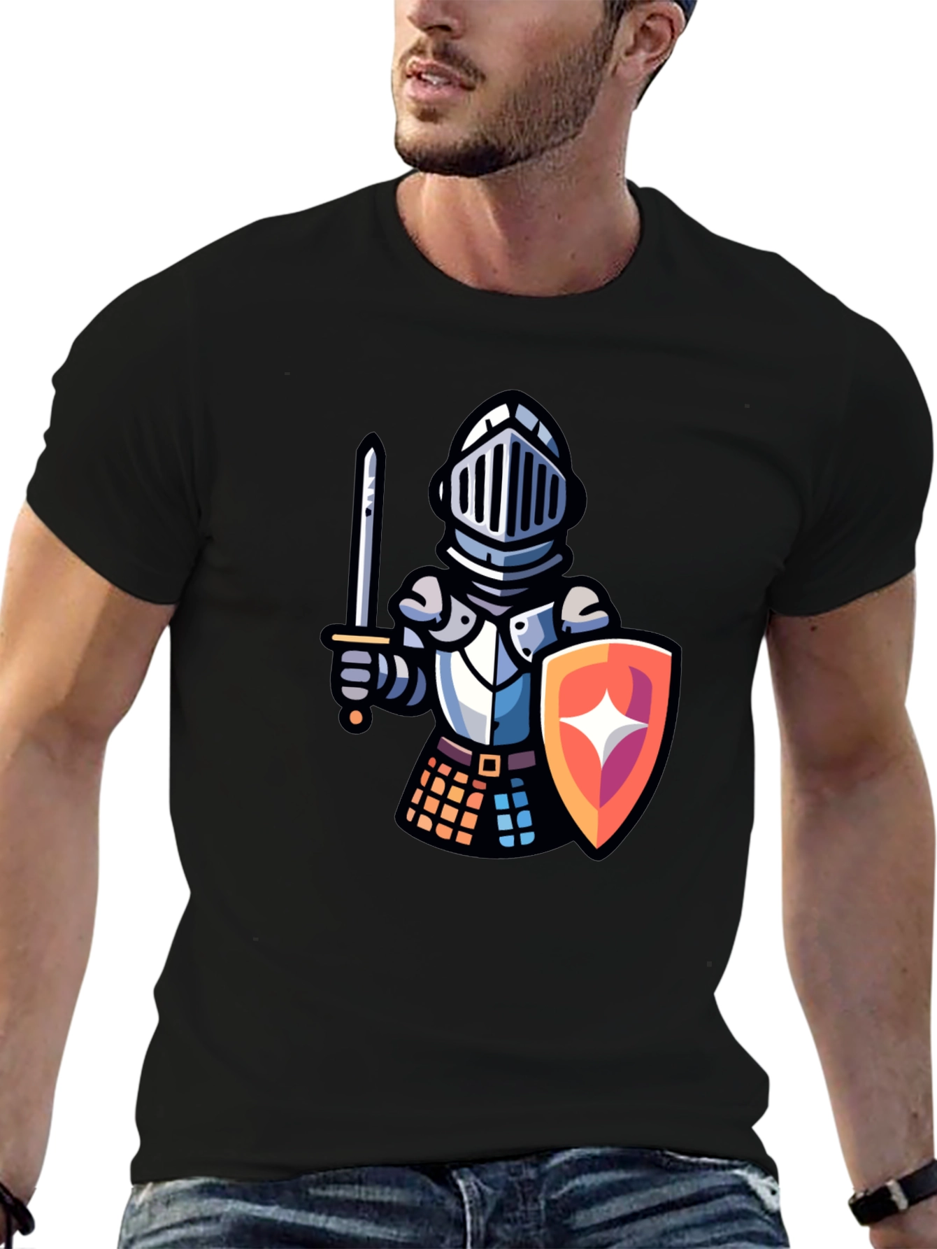 Knight Cartoon Graphic T-Shirt - Black Crew Neck Tee