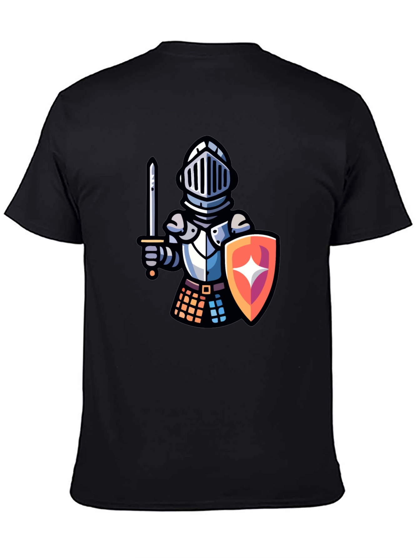 Knight Cartoon Graphic T-Shirt - Black Crew Neck Tee