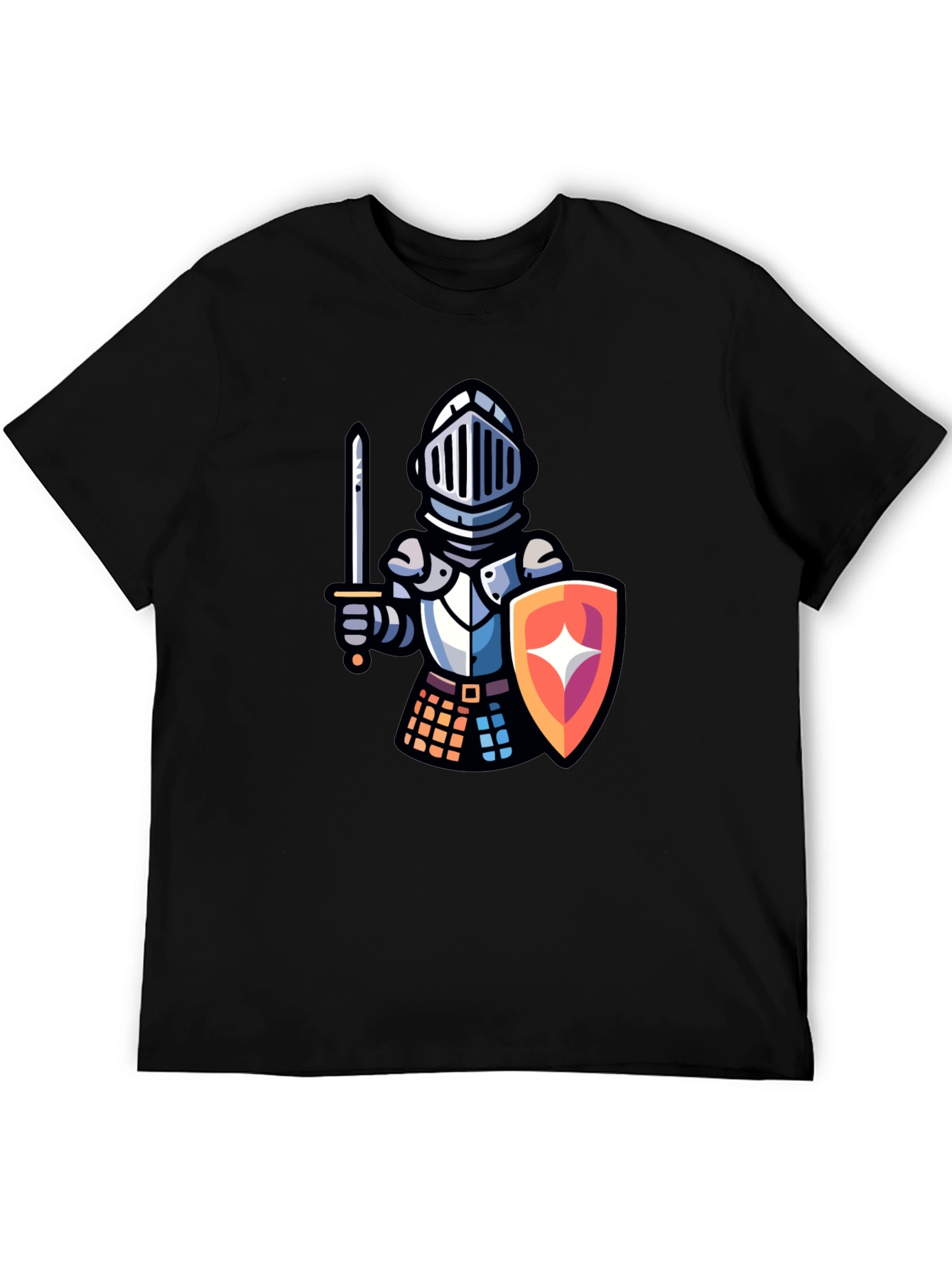 Knight Cartoon Graphic T-Shirt - Black Crew Neck Tee