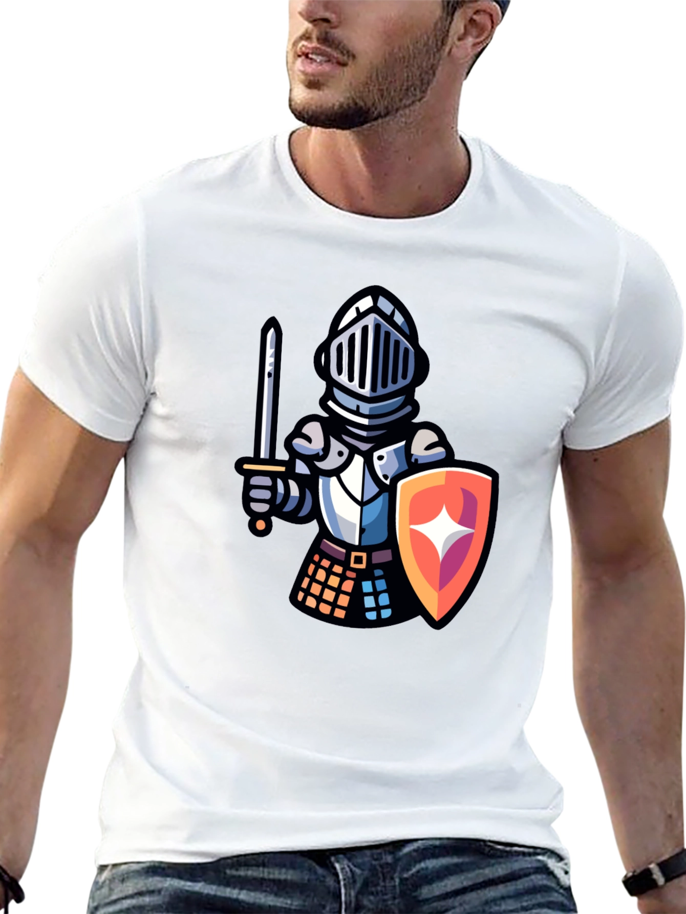 Knight Cartoon Graphic T-Shirt - Black Crew Neck Tee