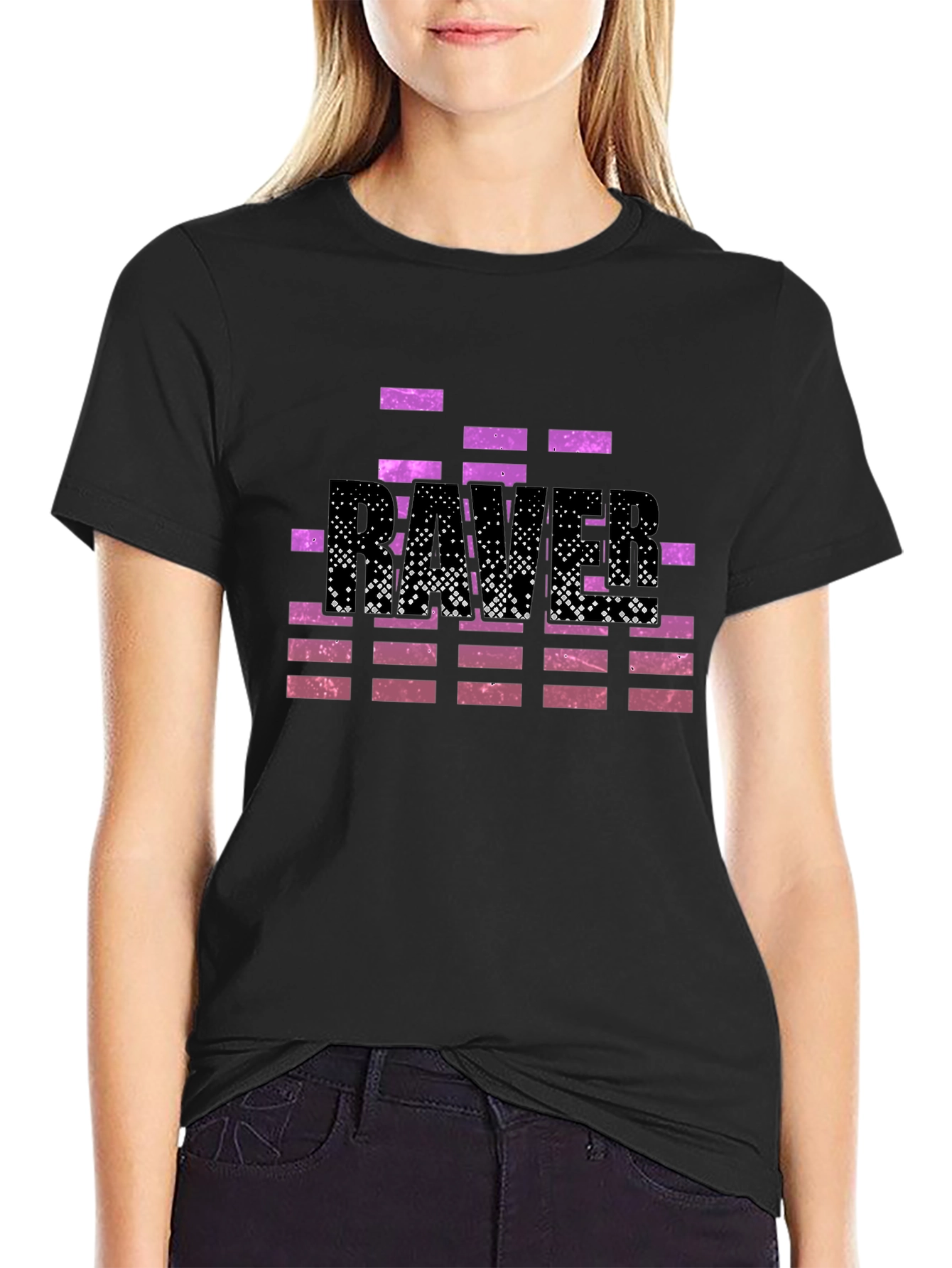 Retro Rave T-Shirt - Black with Purple Pixel Design