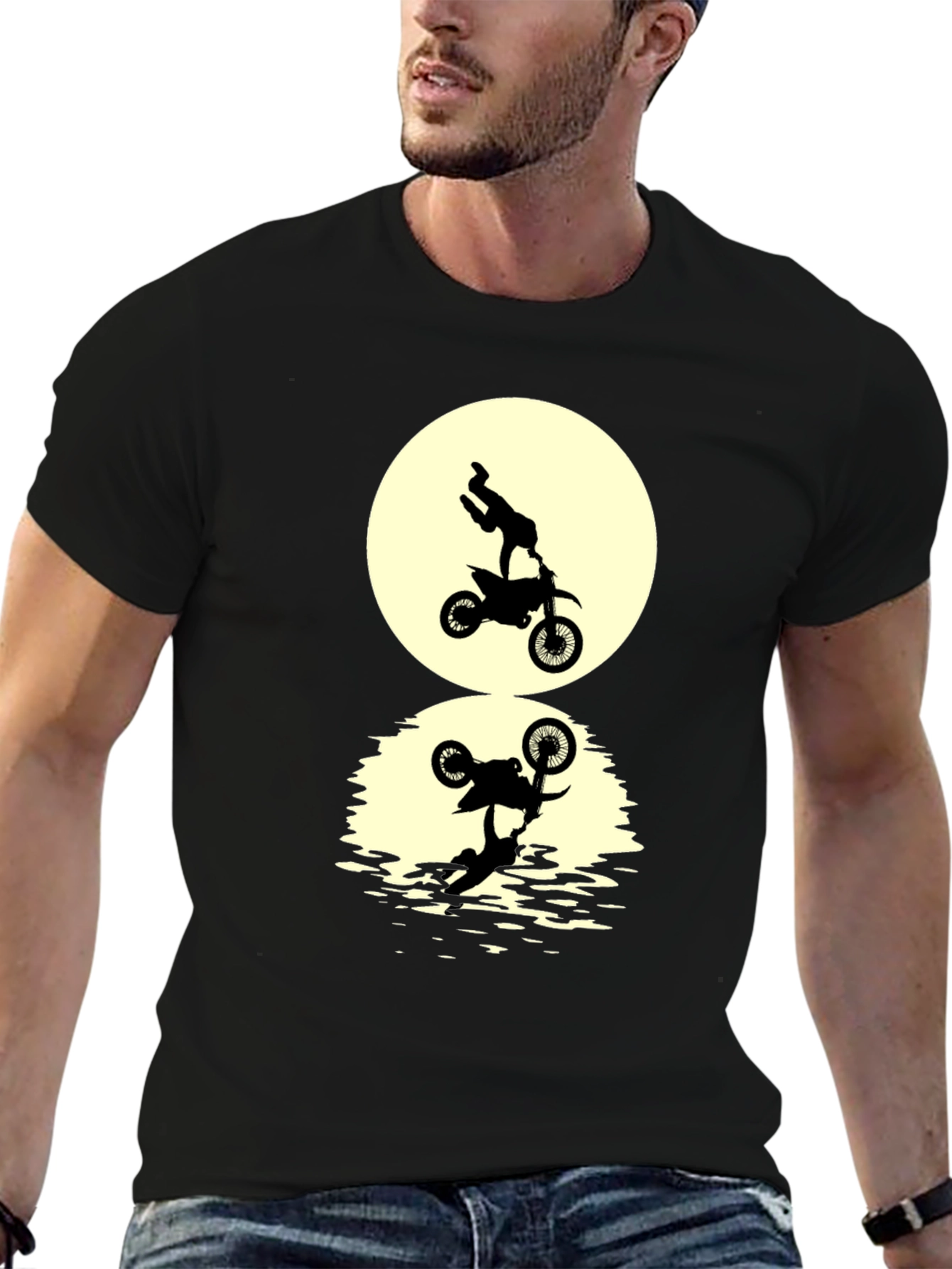 Black T-Shirt with Motorcycle Stunt Reflection Graphic
