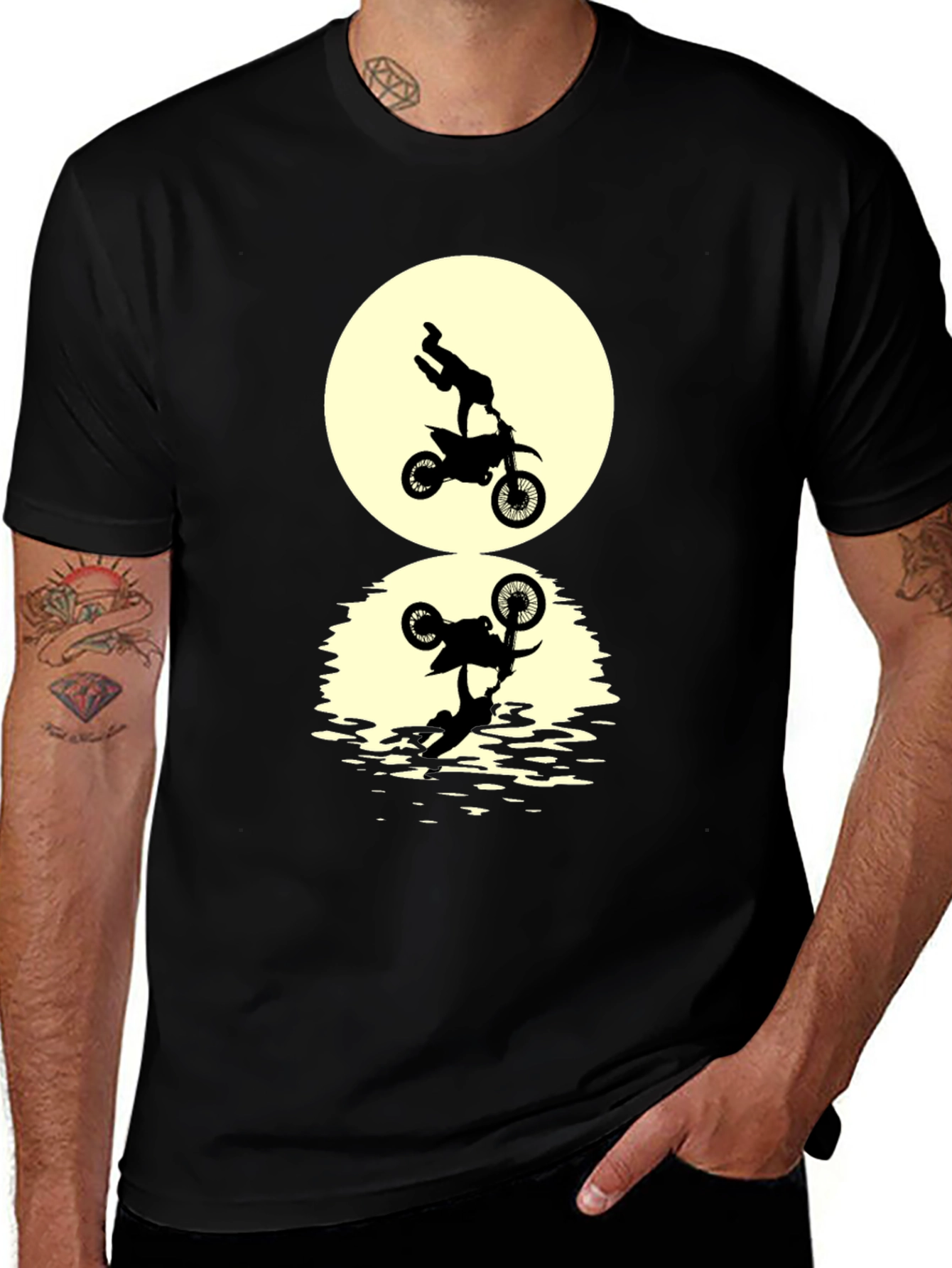 Black T-Shirt with Motorcycle Stunt Reflection Graphic