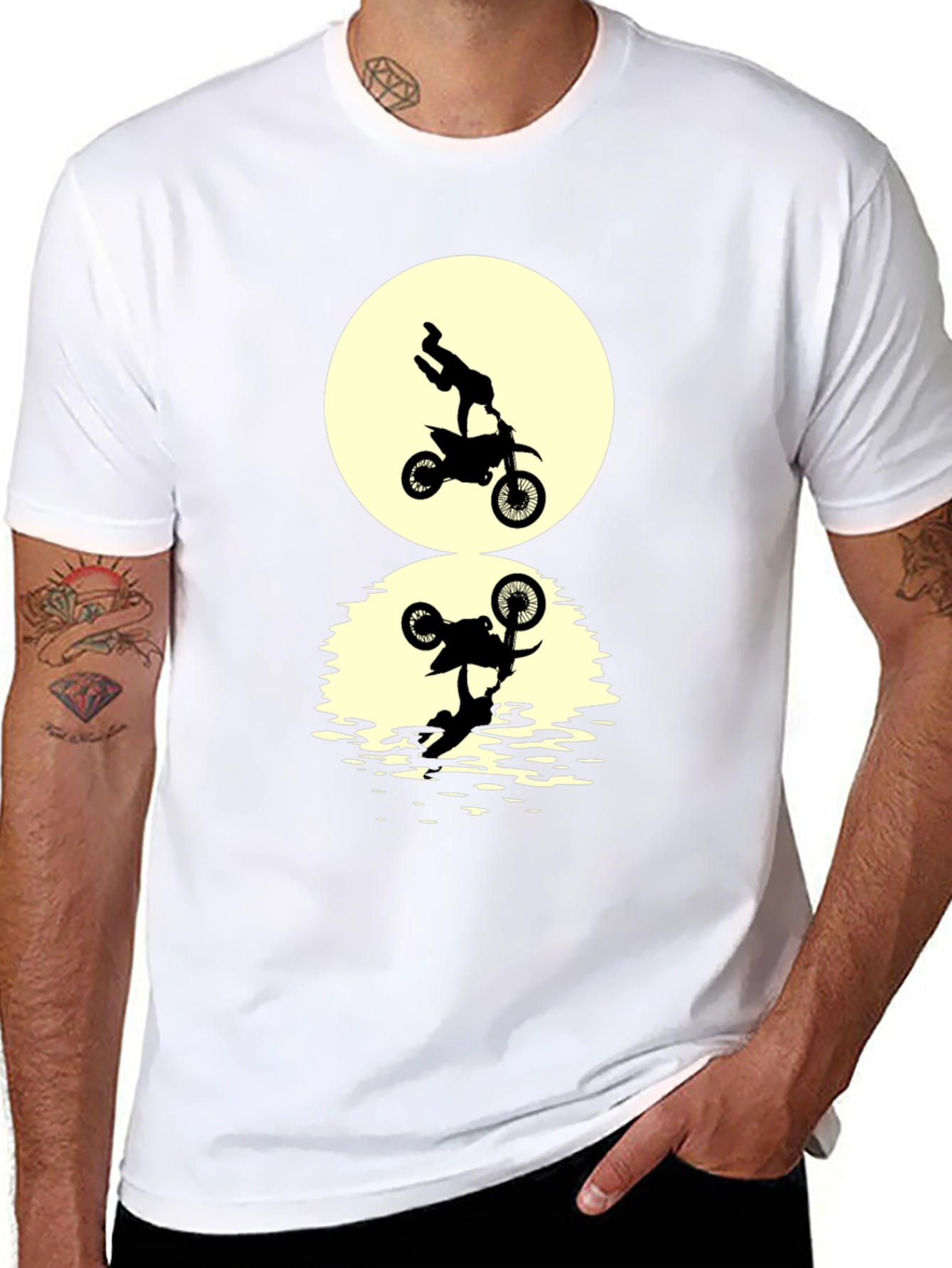 Black T-Shirt with Motorcycle Stunt Reflection Graphic