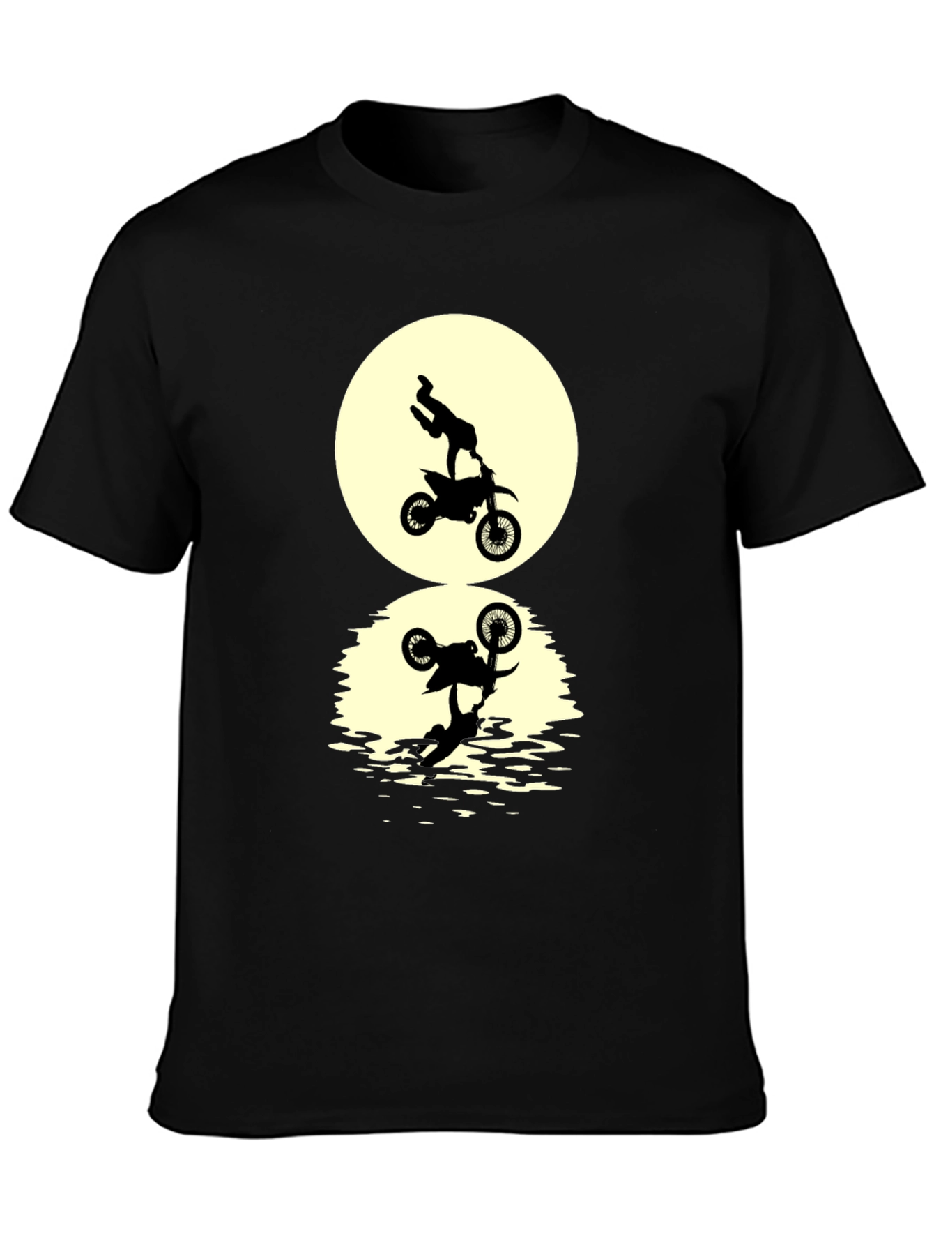 Black T-Shirt with Motorcycle Stunt Reflection Graphic